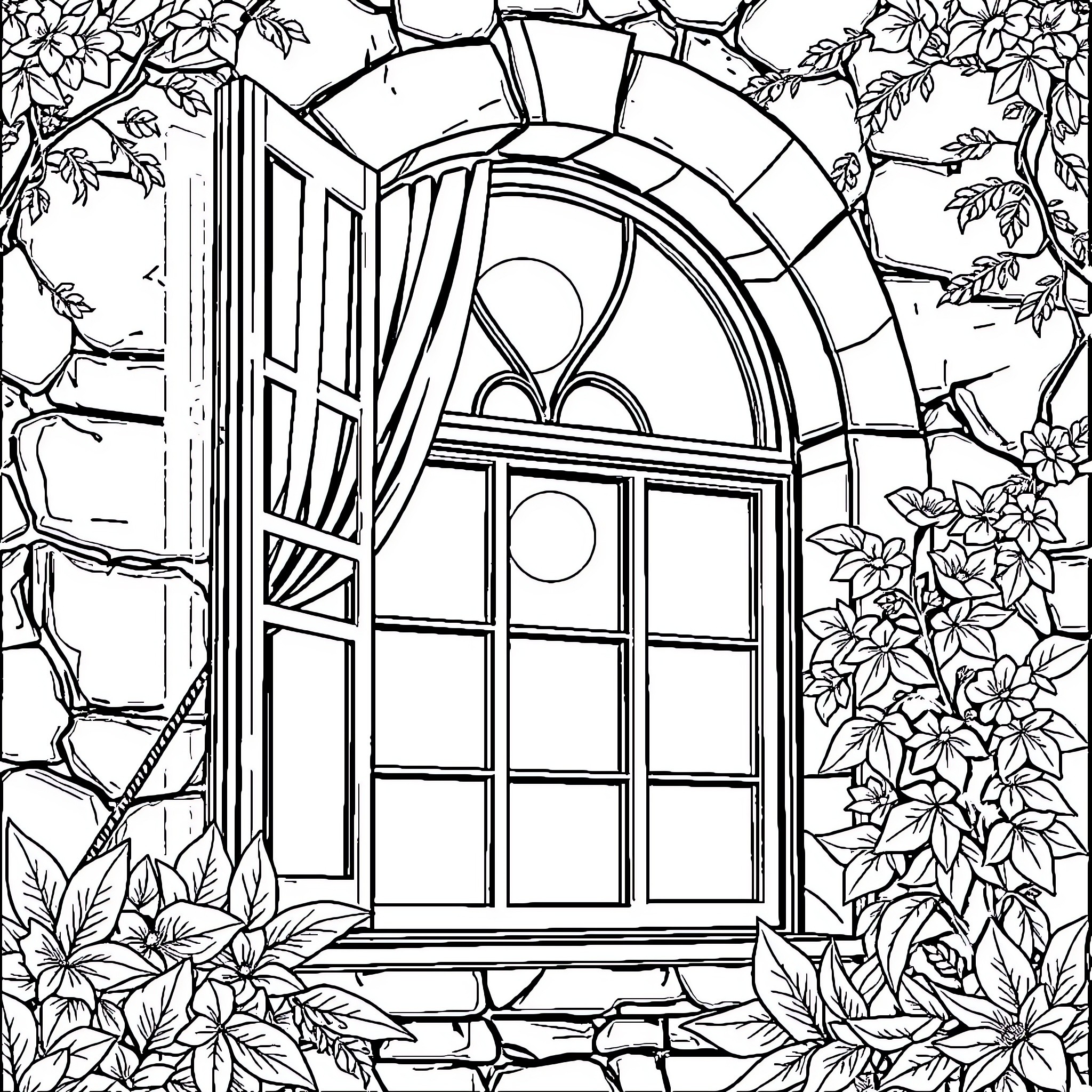 Wednesday Window Wonderland with Floral Accents Coloring Page (free black-and-white line drawing printable PDF for all, from beginners to advanced learners, including children, teens, adults, and seniors)