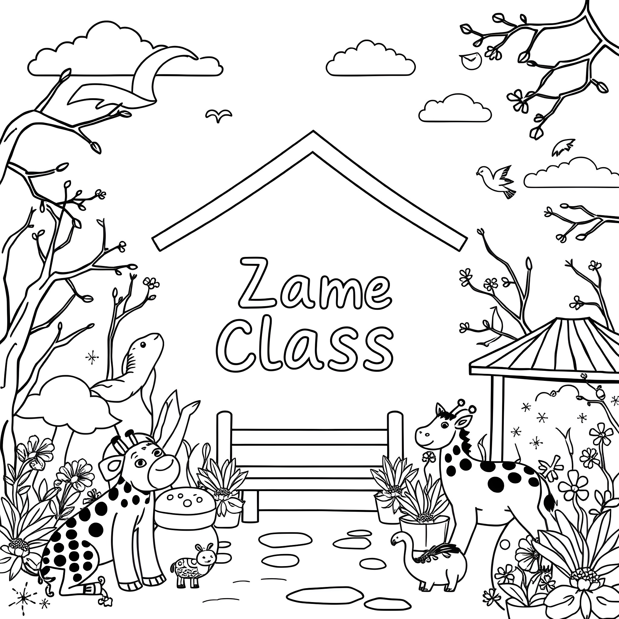Zoo Animals and Nature in Classroom Coloring Page (free black-and-white line drawing printable PDF for all, from beginners to advanced learners, including children, teens, adults, and seniors)