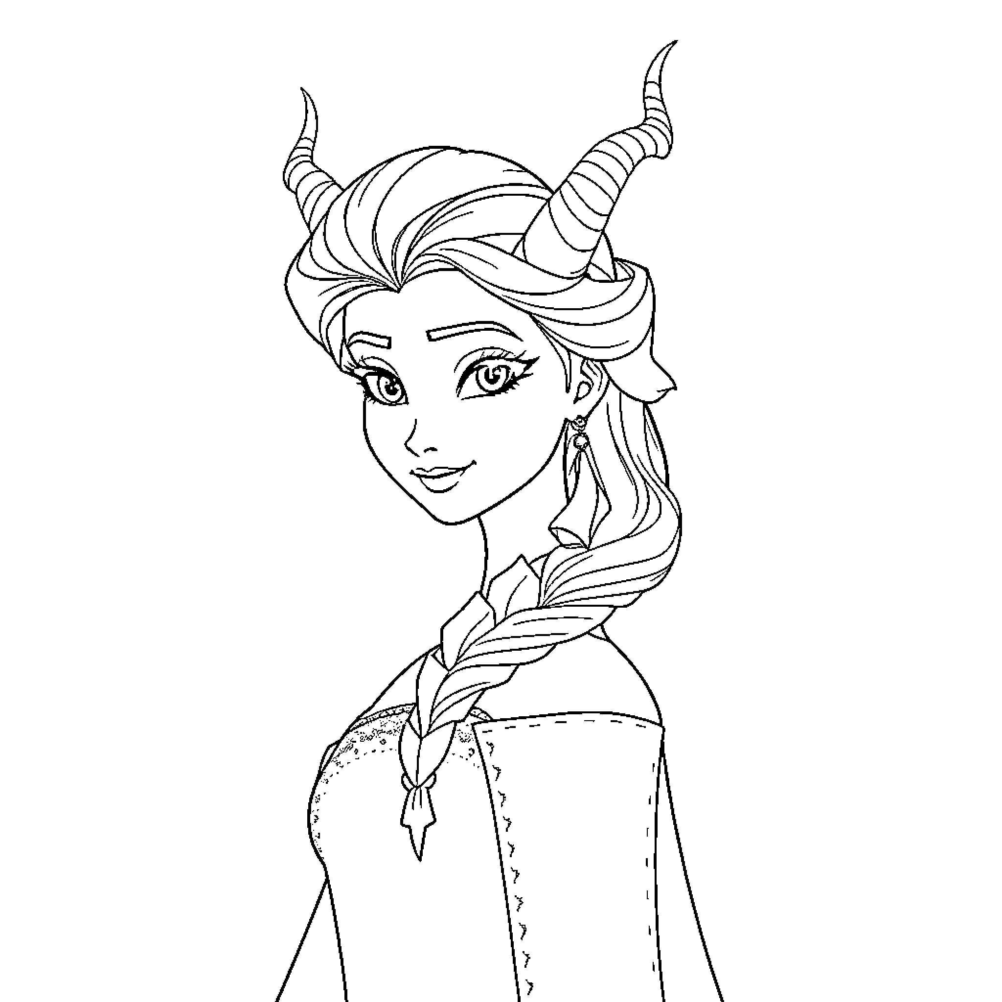 Elsa with Unique Hairstyle and Horns Coloring Page (free black-and-white line drawing printable PDF for all, from beginners to advanced learners, including children, teens, adults, and seniors)