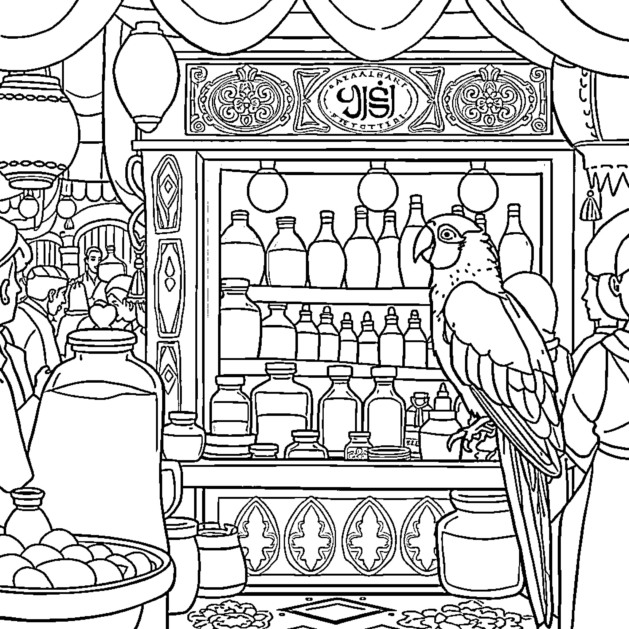 Grocer's Vibrant Marketplace Scene Coloring Page (free black-and-white line drawing printable PDF for all, from beginners to advanced learners, including children, teens, adults, and seniors)