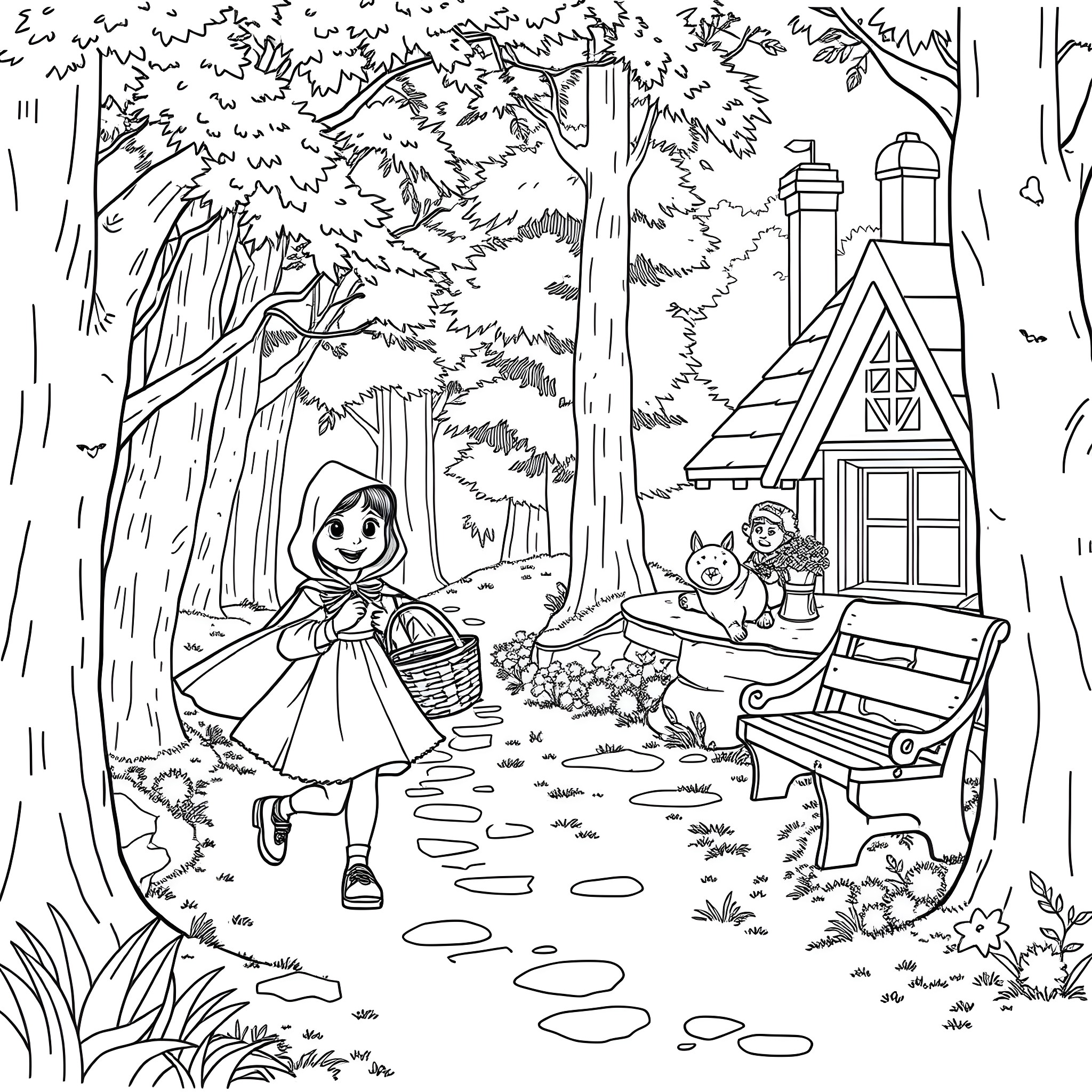 Little Red Riding Hood's Adventure in the Forest Coloring Page (free black-and-white line drawing printable PDF for all, from beginners to advanced learners, including children, teens, adults, and seniors)