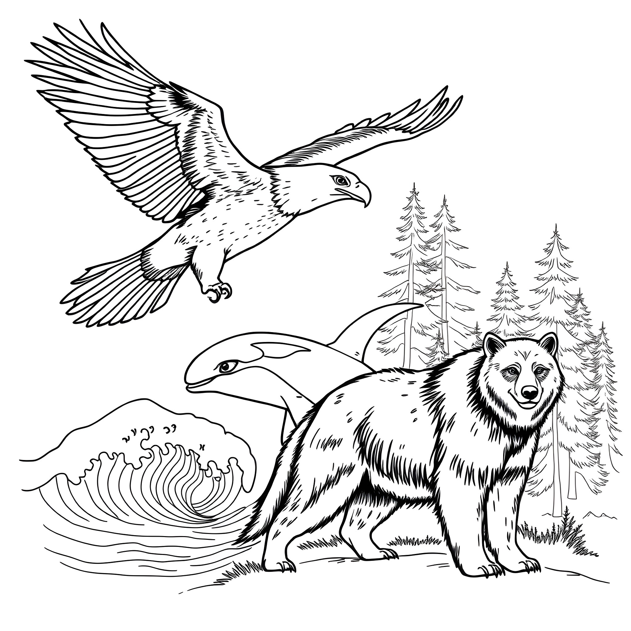 Eagle soaring over mountain scenery with bear Coloring Page (free black-and-white line drawing printable PDF for all, from beginners to advanced learners, including children, teens, adults, and seniors)