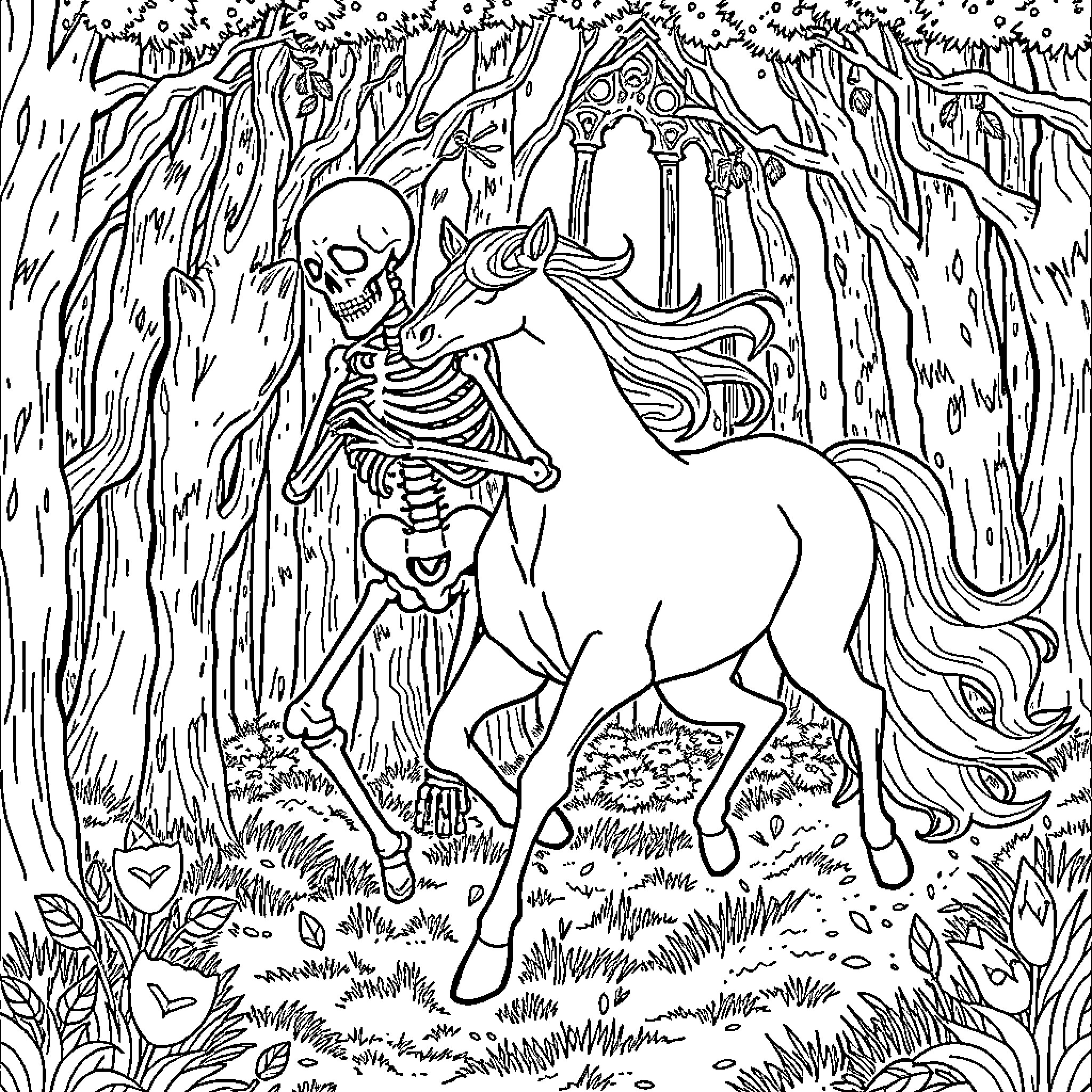 Skeleton Riding a Majestic Horse Through the Forest Coloring Page (free black-and-white line drawing printable PDF for all, from beginners to advanced learners, including children, teens, adults, and seniors)