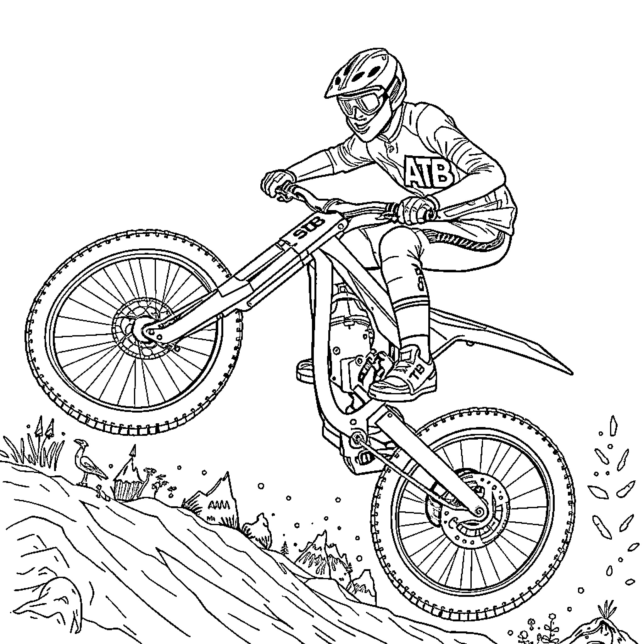 VTTiste Extreme Biker Navigating Rugged Terrain Coloring Page (free black-and-white line drawing printable PDF for all, from beginners to advanced learners, including children, teens, adults, and seniors)