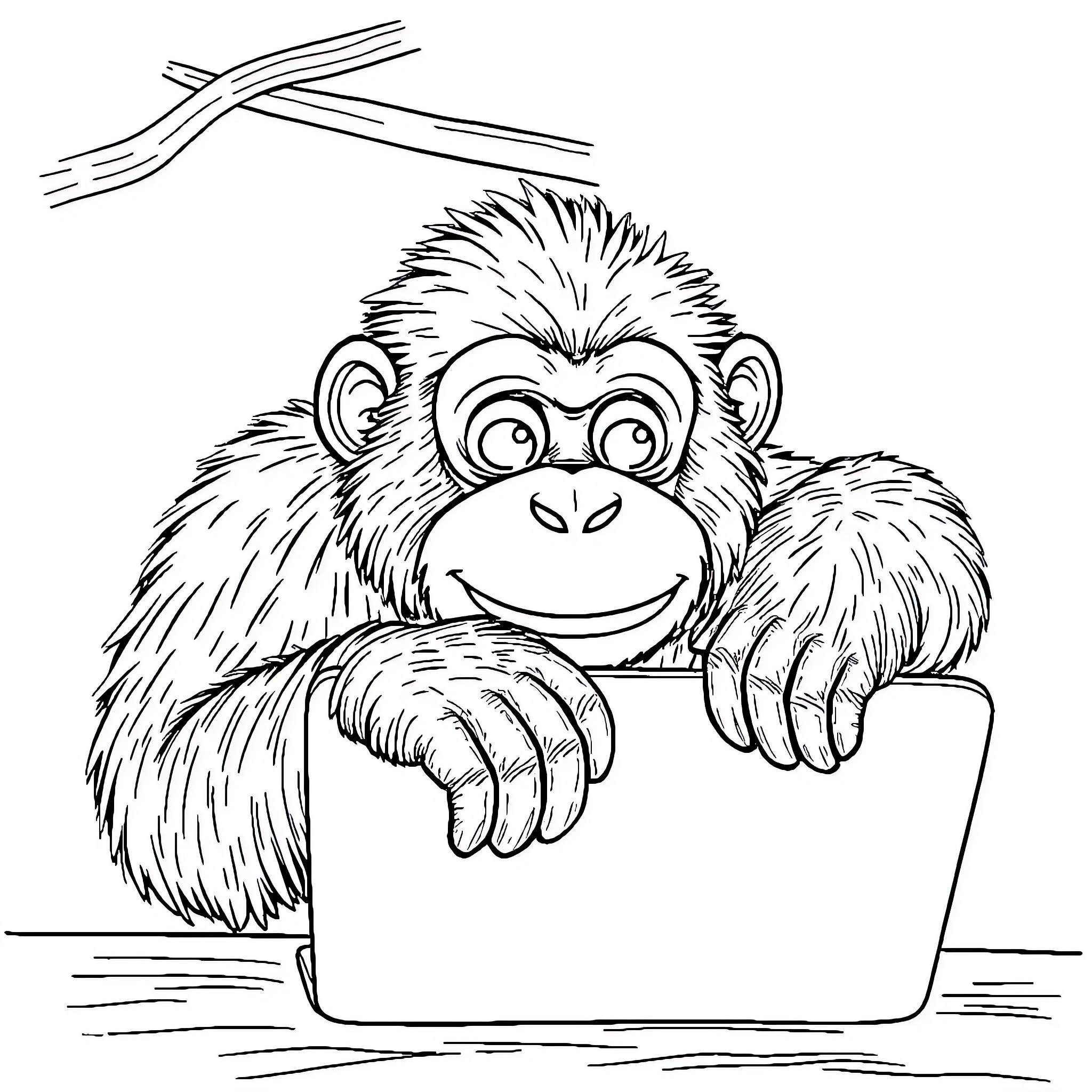 Orangutan with laptop working on the computer Coloring Page (free black-and-white line drawing printable PDF for all, from beginners to advanced learners, including children, teens, adults, and seniors)