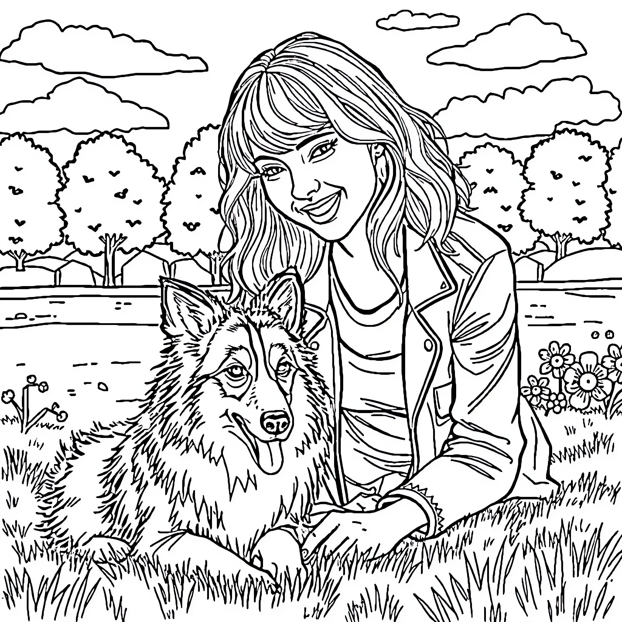 Taylor Swift enjoys a peaceful day with her dog Coloring Page (free black-and-white line drawing printable PDF for all, from beginners to advanced learners, including children, teens, adults, and seniors)