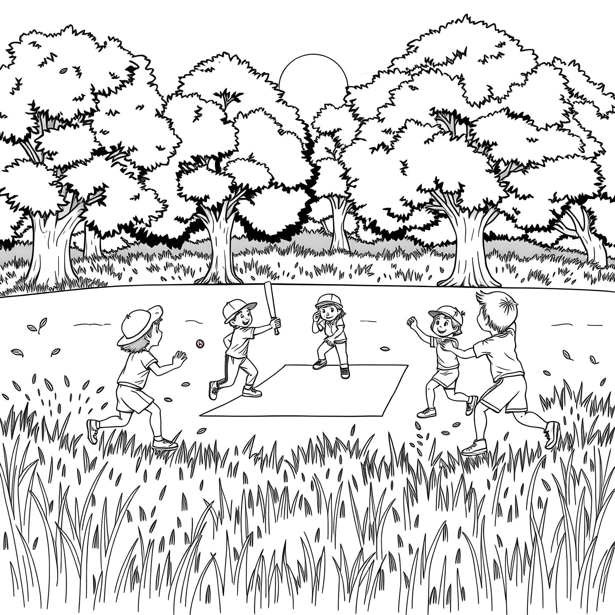 Kid playing outdoor games in a forest landscape Coloring Page (free black-and-white line drawing printable PDF for all, from beginners to advanced learners, including children, teens, adults, and seniors)