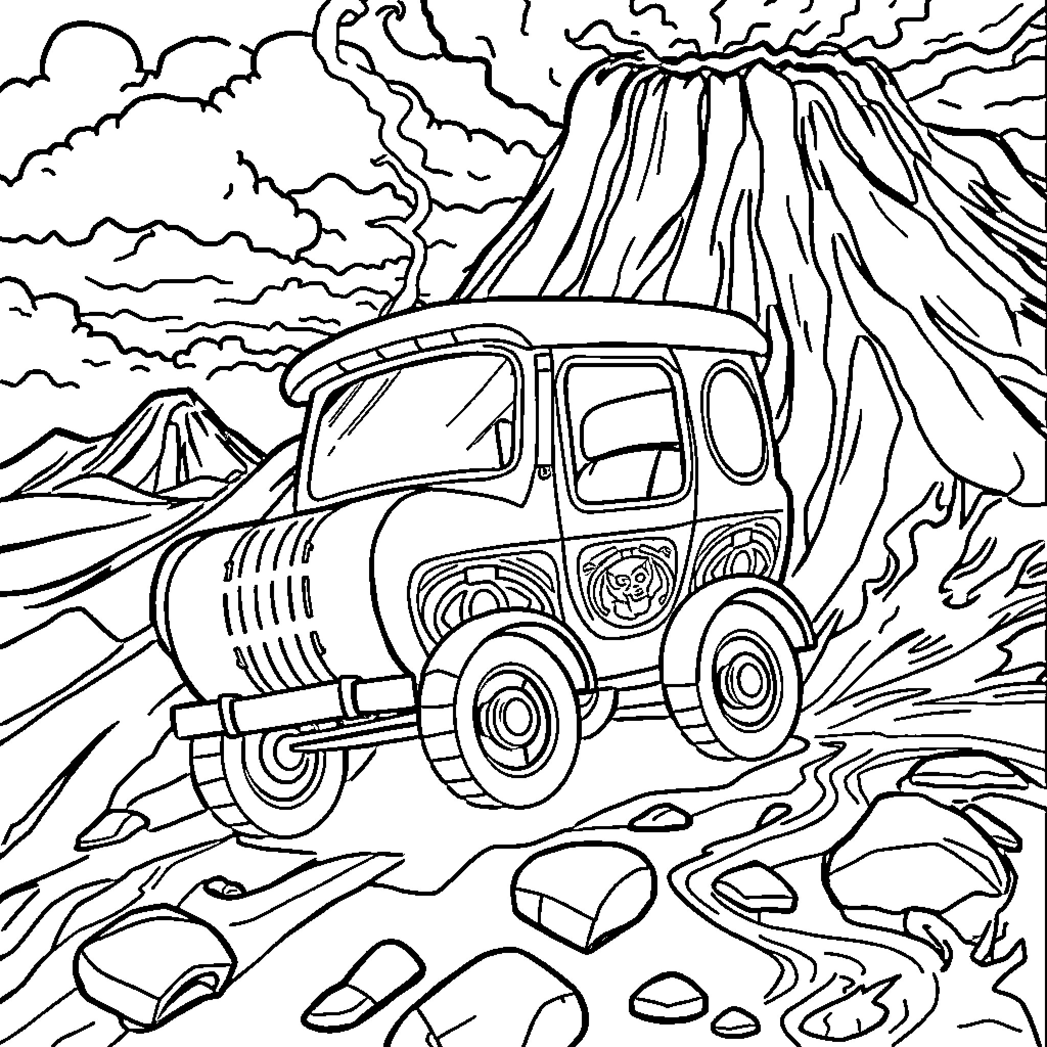 Coche Todoterreno exploring rugged terrain Coloring Page (free black-and-white line drawing printable PDF for all, from beginners to advanced learners, including children, teens, adults, and seniors)