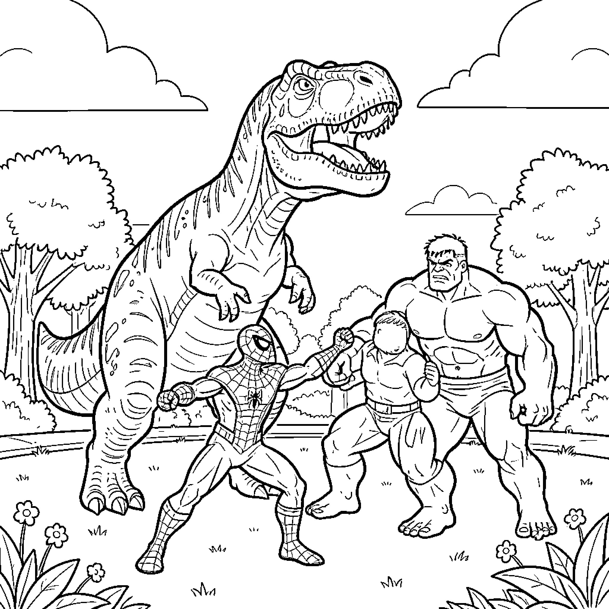 Gigantosaurus battling superheroes in a prehistoric landscape Coloring Page (free black-and-white line drawing printable PDF for all, from beginners to advanced learners, including children, teens, adults, and seniors)