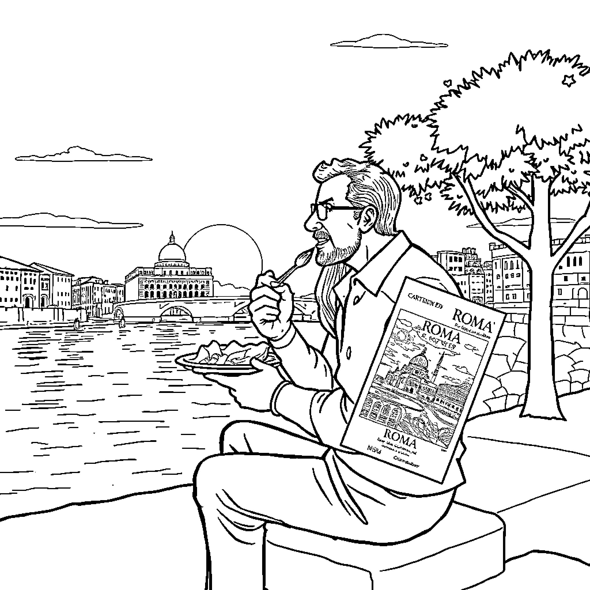 Uomo enjoying the view and a map of Rome Coloring Page (free black-and-white line drawing printable PDF for all, from beginners to advanced learners, including children, teens, adults, and seniors)
