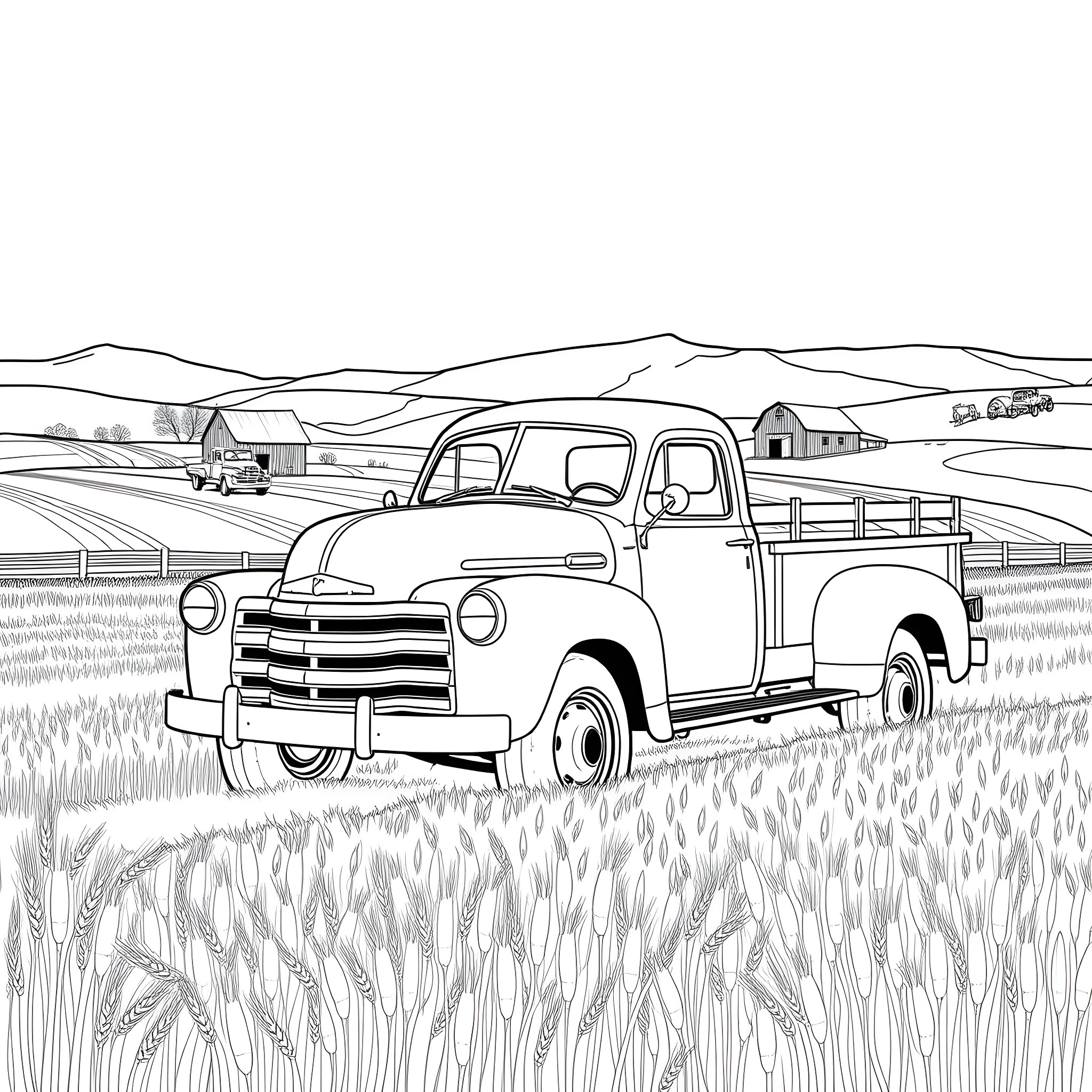 Pickup truck in the countryside Coloring Page (free black-and-white line drawing printable PDF for all, from beginners to advanced learners, including children, teens, adults, and seniors)
