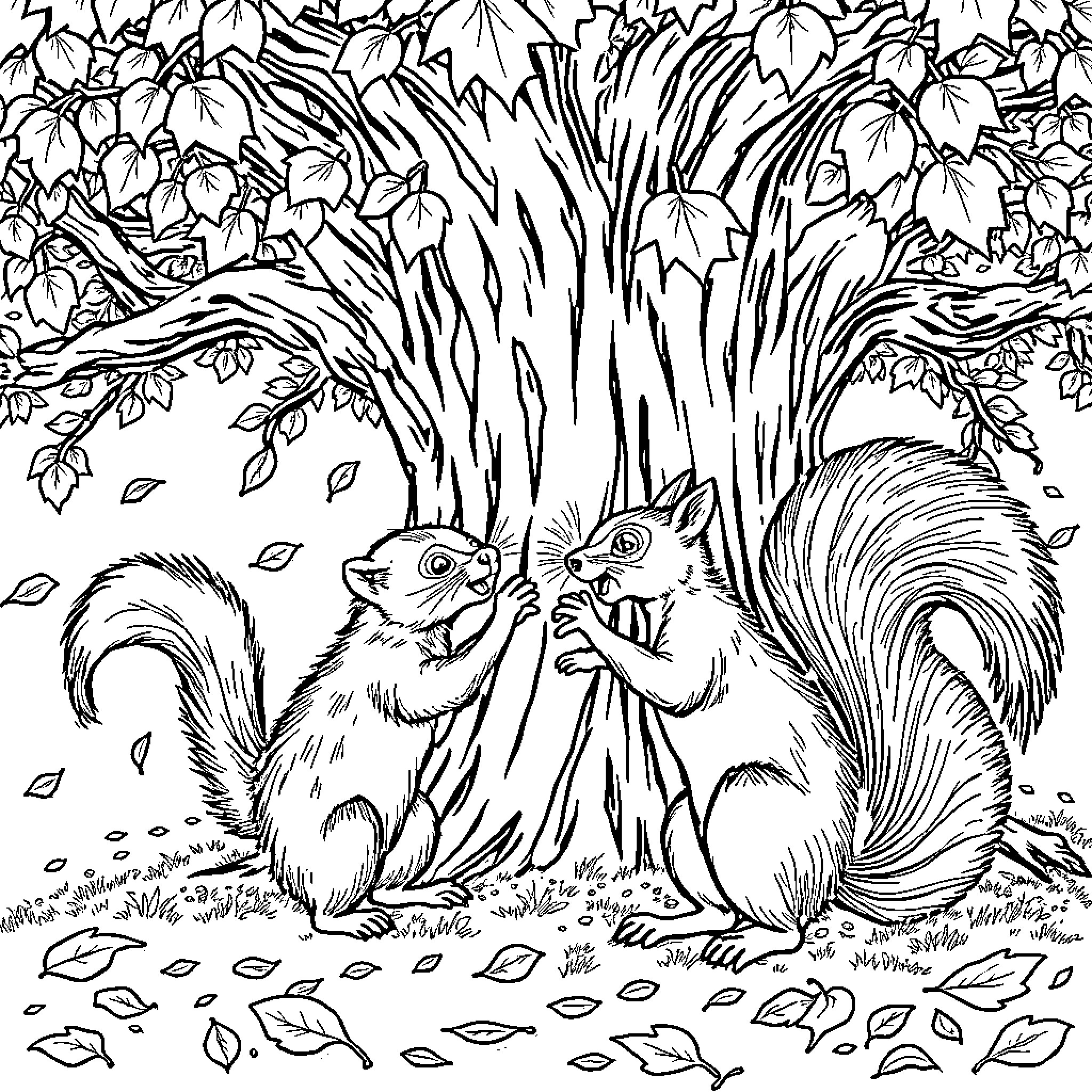 Ferret Squirrels Frolicking in the Autumn Leaves Coloring Page (free black-and-white line drawing printable PDF for all, from beginners to advanced learners, including children, teens, adults, and seniors)