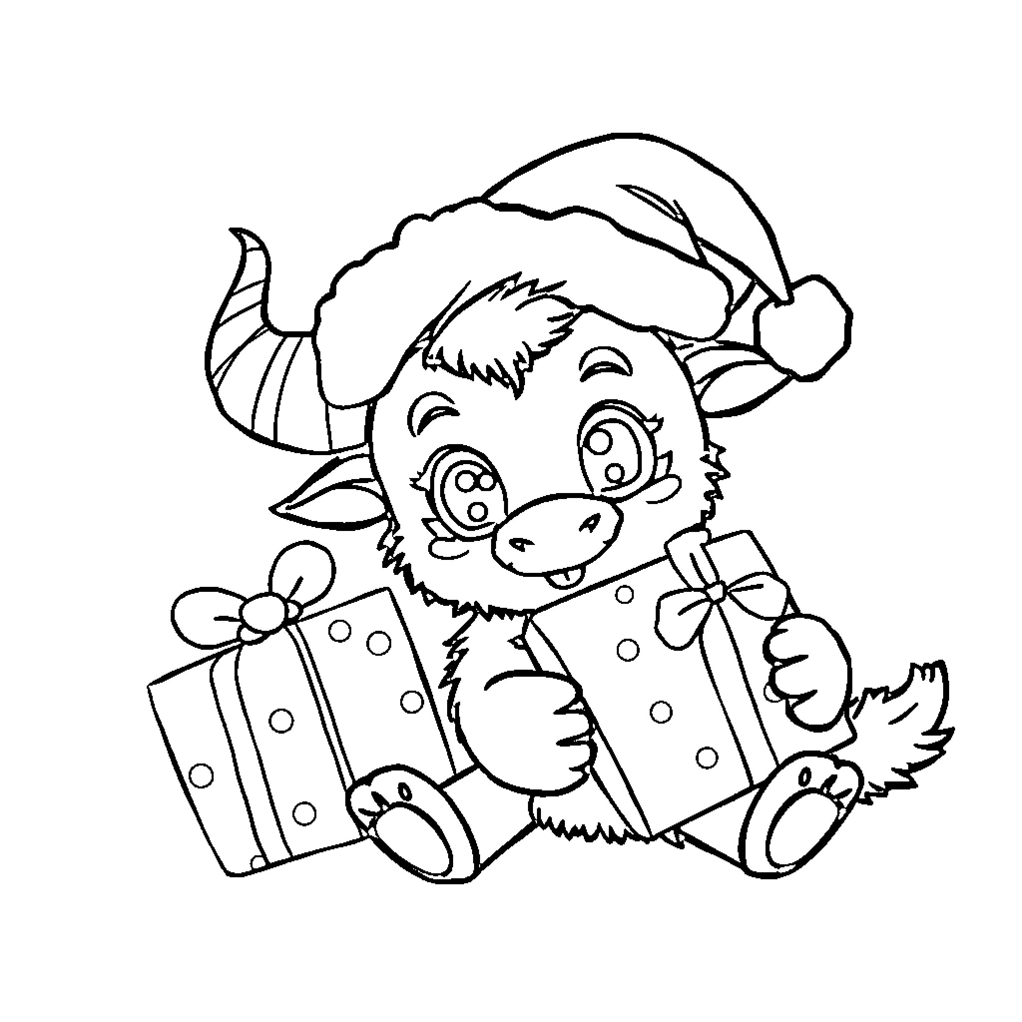 Krampus holding a gift and smiling Coloring Page (free black-and-white line drawing printable PDF for all, from beginners to advanced learners, including children, teens, adults, and seniors)