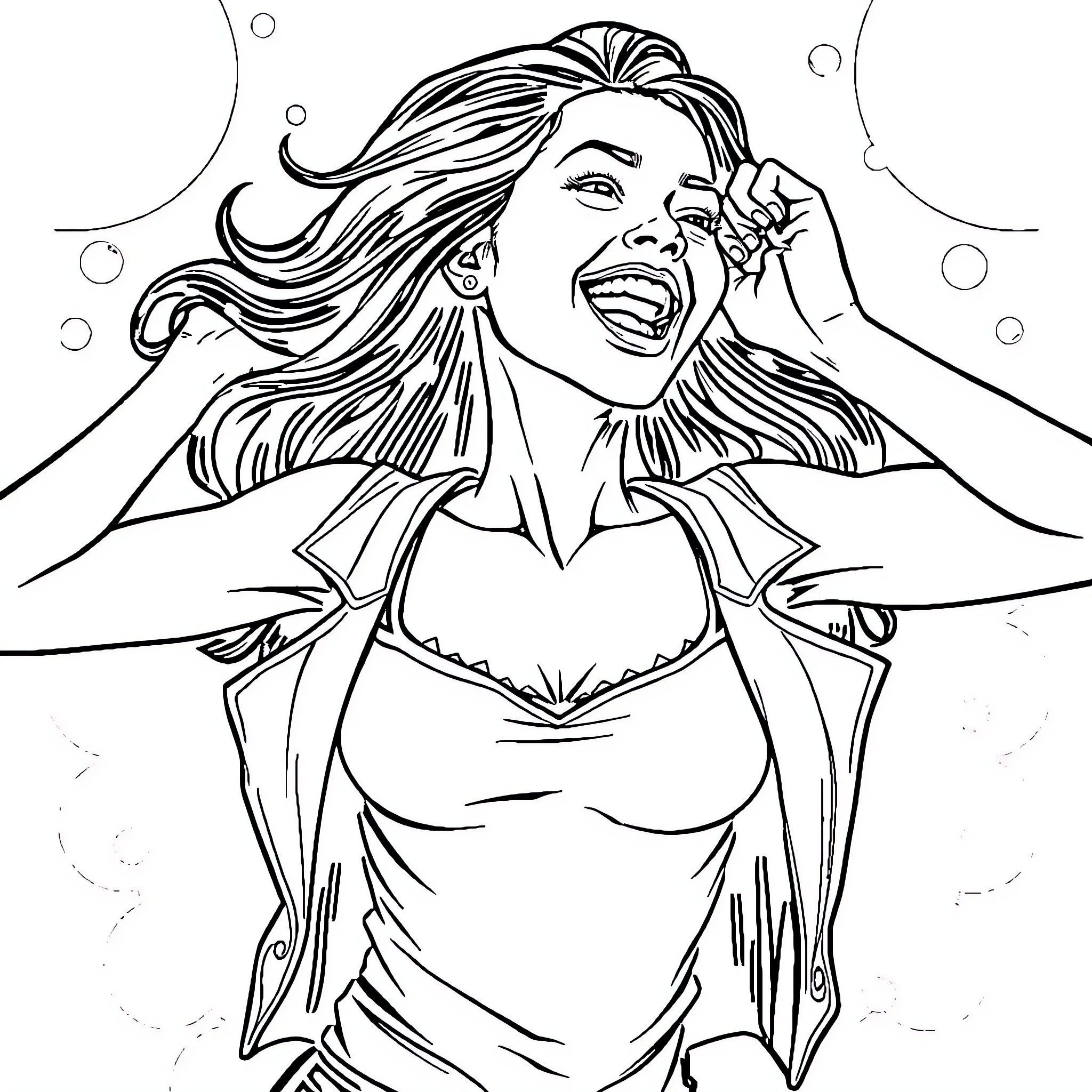 Woman joyfully expressing herself Coloring Page (free black-and-white line drawing printable PDF for all, from beginners to advanced learners, including children, teens, adults, and seniors)
