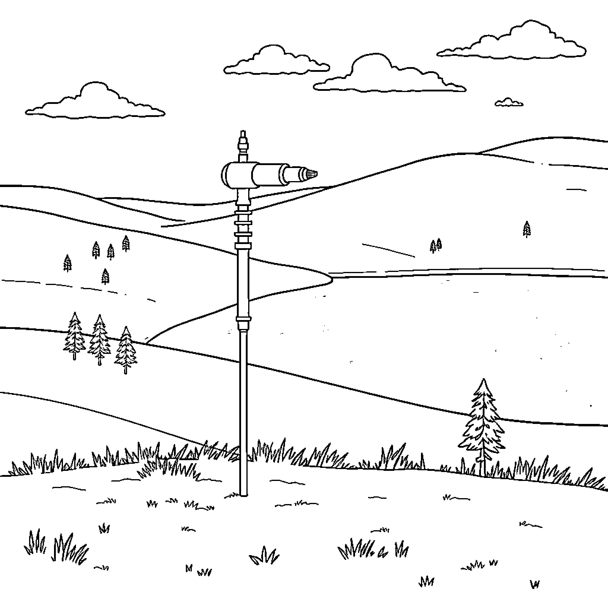 Drill Tower in Scenic Landscape Coloring Page (free black-and-white line drawing printable PDF for all, from beginners to advanced learners, including children, teens, adults, and seniors)