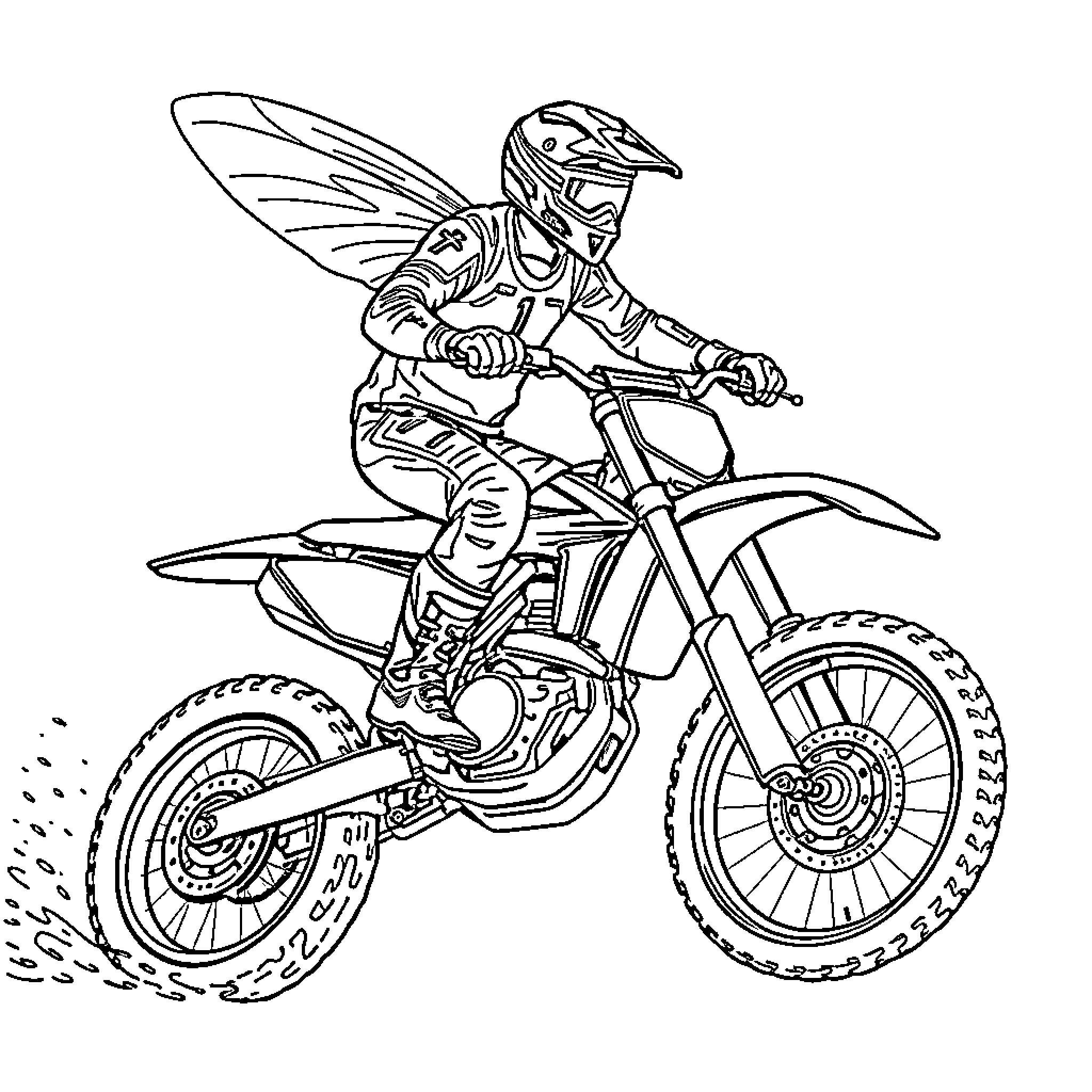 Pumpkin Rider Racing on Dirt Bike Coloring Page (free black-and-white line drawing printable PDF for all, from beginners to advanced learners, including children, teens, adults, and seniors)
