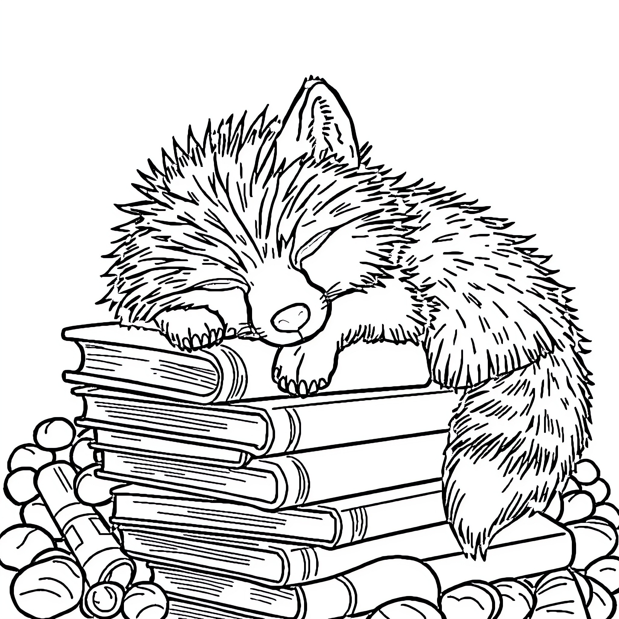 Wolf resting on a pile of books Coloring Page (free black-and-white line drawing printable PDF for all, from beginners to advanced learners, including children, teens, adults, and seniors)