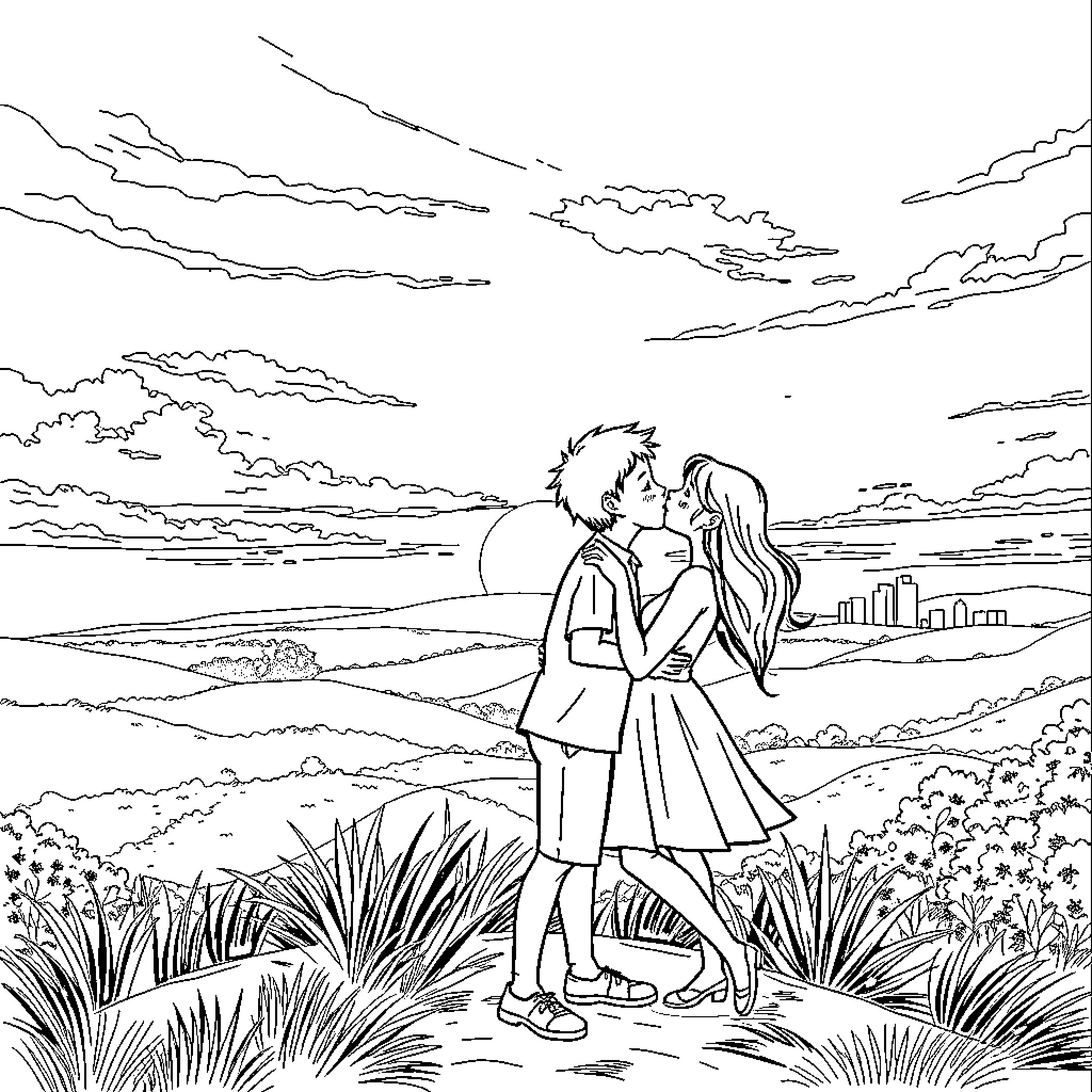 Kiss Beneath the Starry Sky Coloring Page (free black-and-white line drawing printable PDF for all, from beginners to advanced learners, including children, teens, adults, and seniors)
