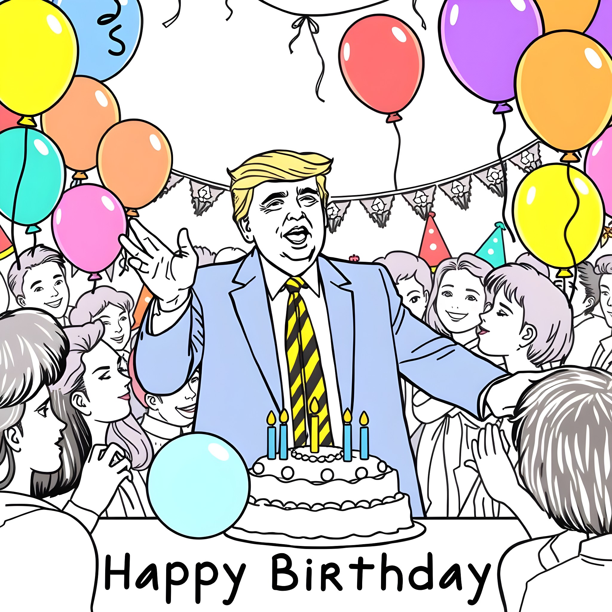 Trump's Birthday Celebration with Balloons and Cake Coloring Page (free black-and-white line drawing printable PDF for all, from beginners to advanced learners, including children, teens, adults, and seniors)