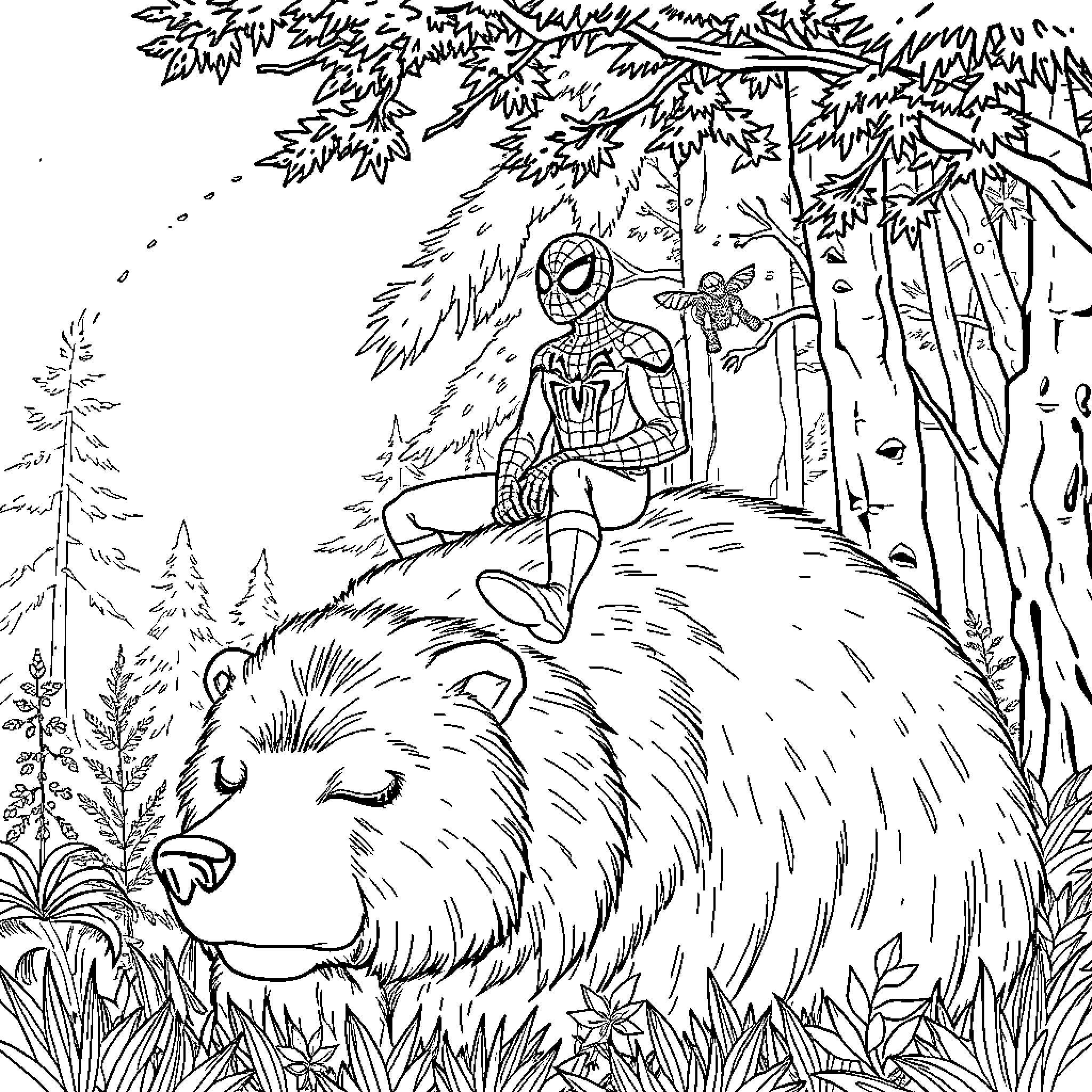 Spiderman sitting on a giant bear in the forest Coloring Page (free black-and-white line drawing printable PDF for all, from beginners to advanced learners, including children, teens, adults, and seniors)