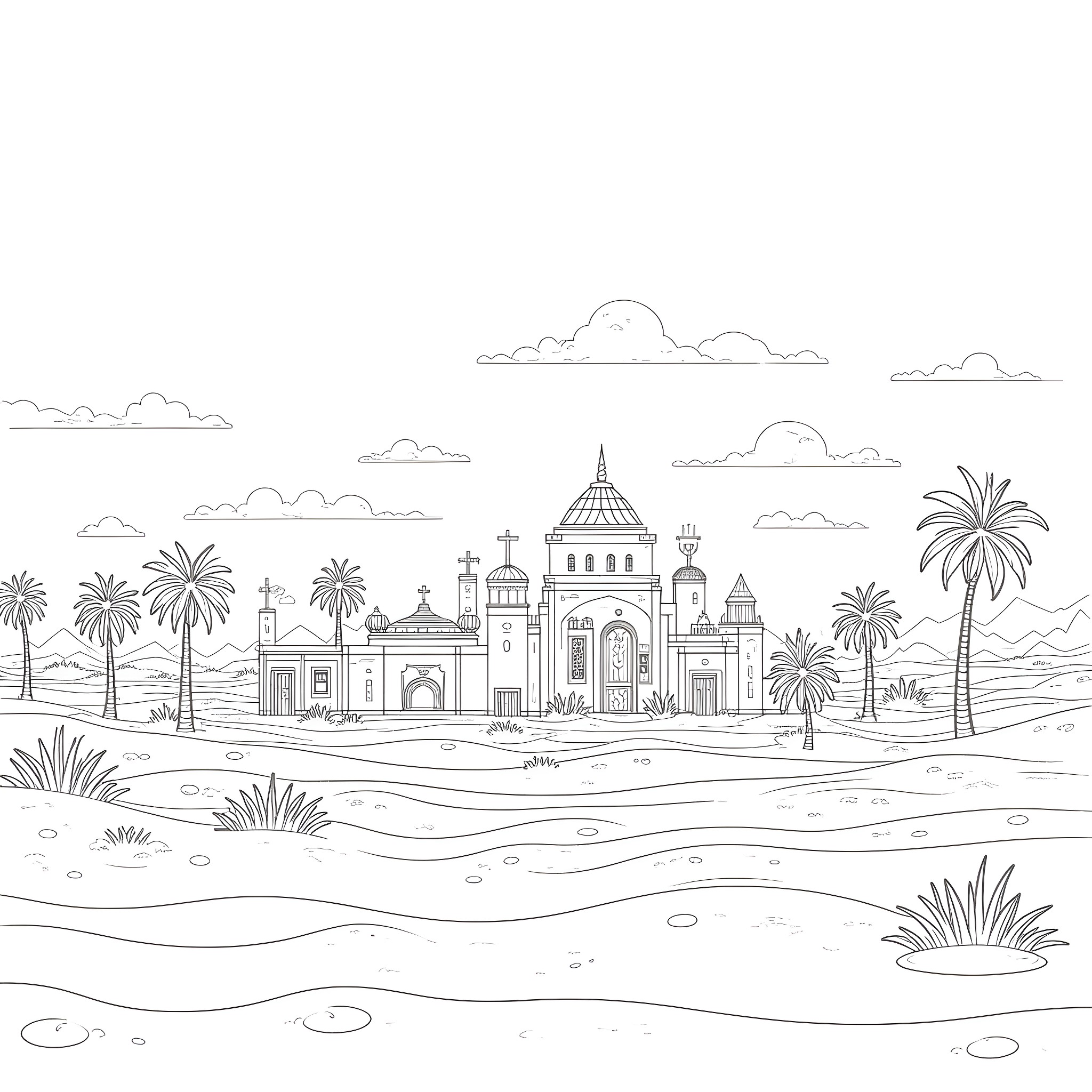 Minecraft Arabian-style city with palms and desert landscape Coloring Page (free black-and-white line drawing printable PDF for all, from beginners to advanced learners, including children, teens, adults, and seniors)