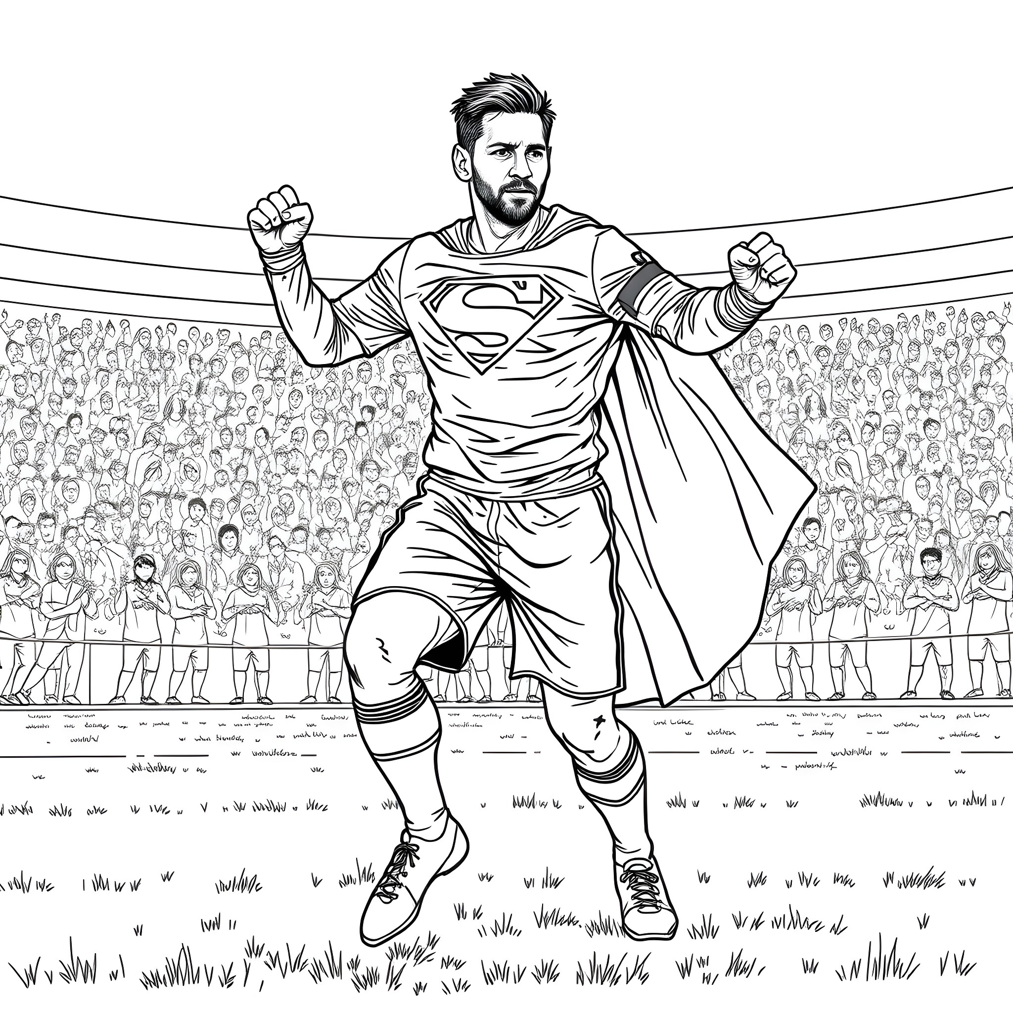 Lionel Messi Celebrates Victory on the Field Coloring Page (free black-and-white line drawing printable PDF for all, from beginners to advanced learners, including children, teens, adults, and seniors)