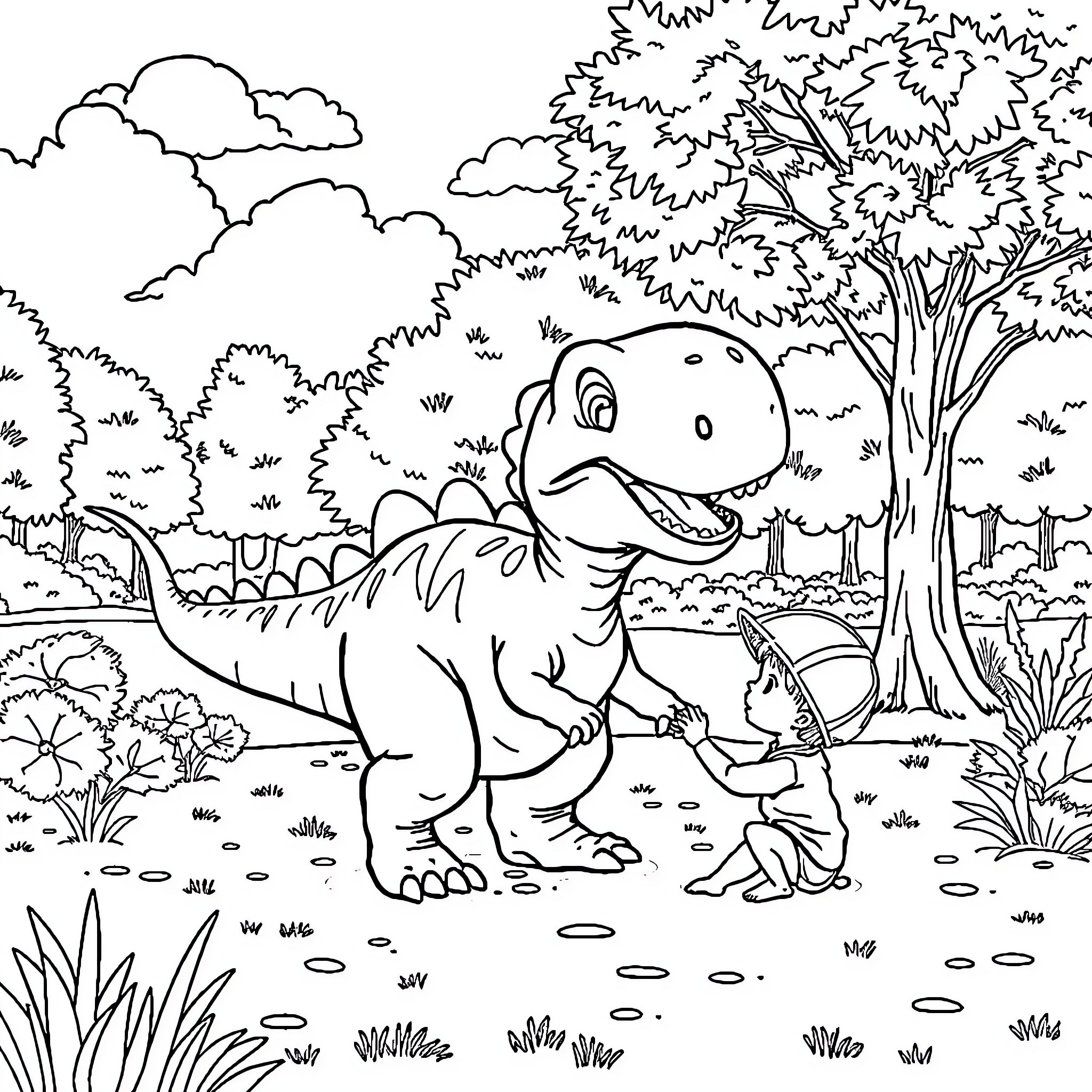 Dinosaur exploring the lush forest landscape Coloring Page (free black-and-white line drawing printable PDF for all, from beginners to advanced learners, including children, teens, adults, and seniors)