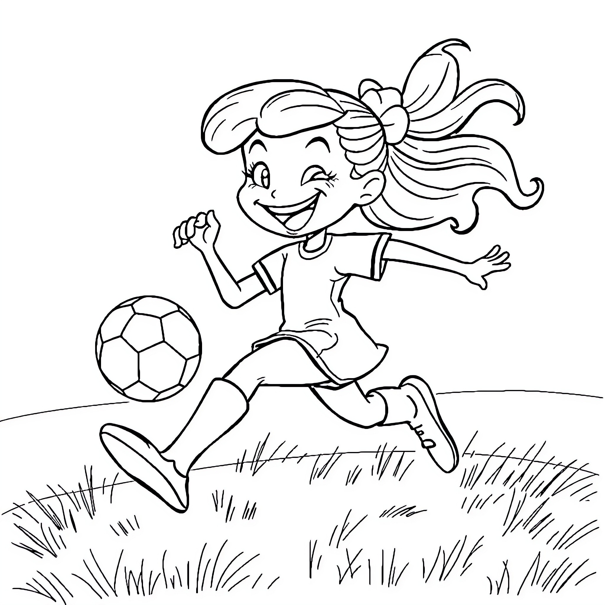 Bluey playing with a soccer ball on the field Coloring Page (free black-and-white line drawing printable PDF for all, from beginners to advanced learners, including children, teens, adults, and seniors)