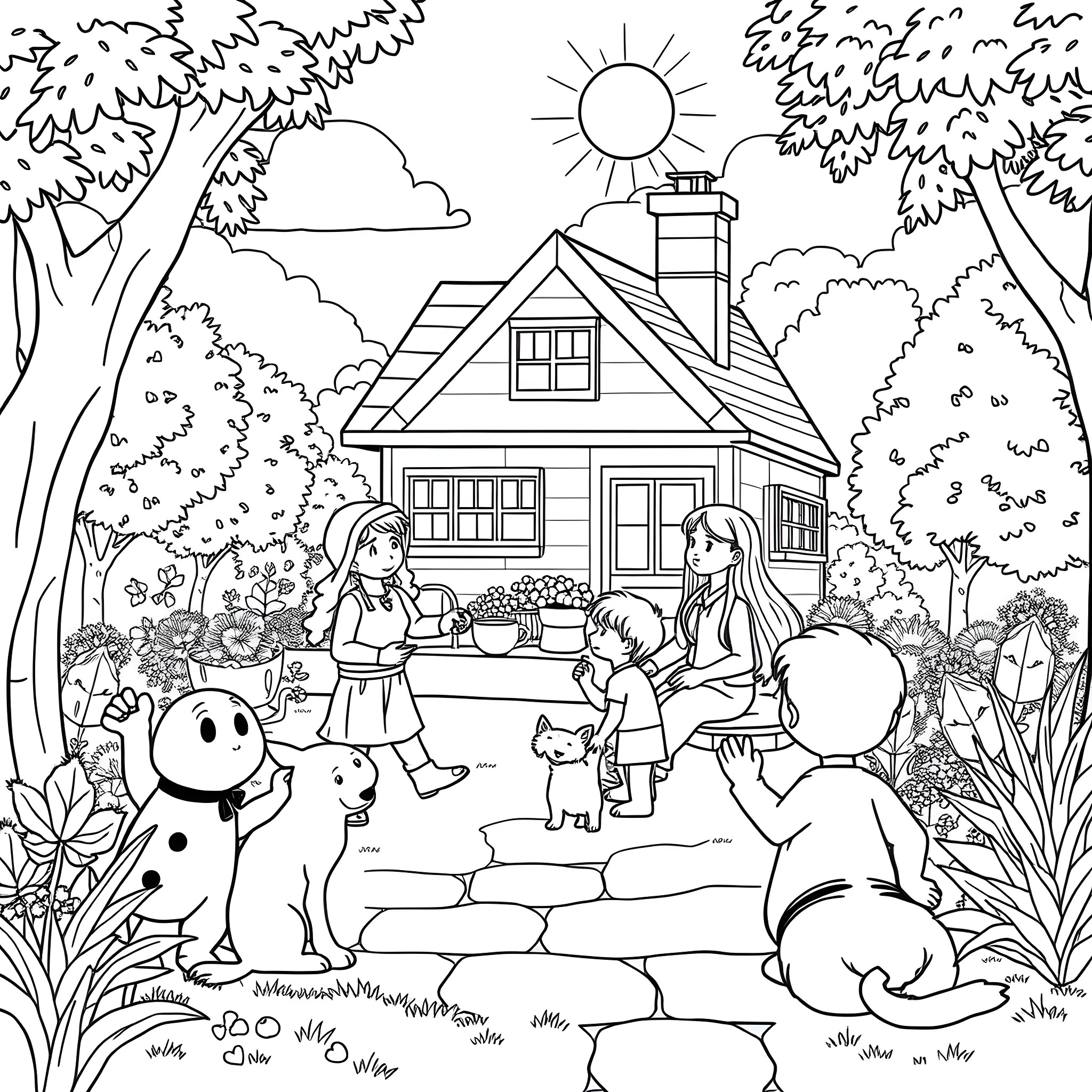 Itsakelias: Family Outdoor Adventure in Nature Coloring Page (free black-and-white line drawing printable PDF for all, from beginners to advanced learners, including children, teens, adults, and seniors)