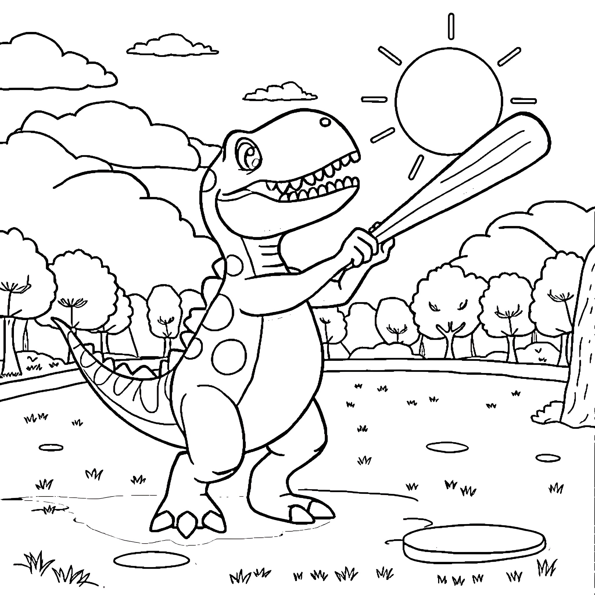 Dino playing baseball in the park Coloring Page (free black-and-white line drawing printable PDF for all, from beginners to advanced learners, including children, teens, adults, and seniors)