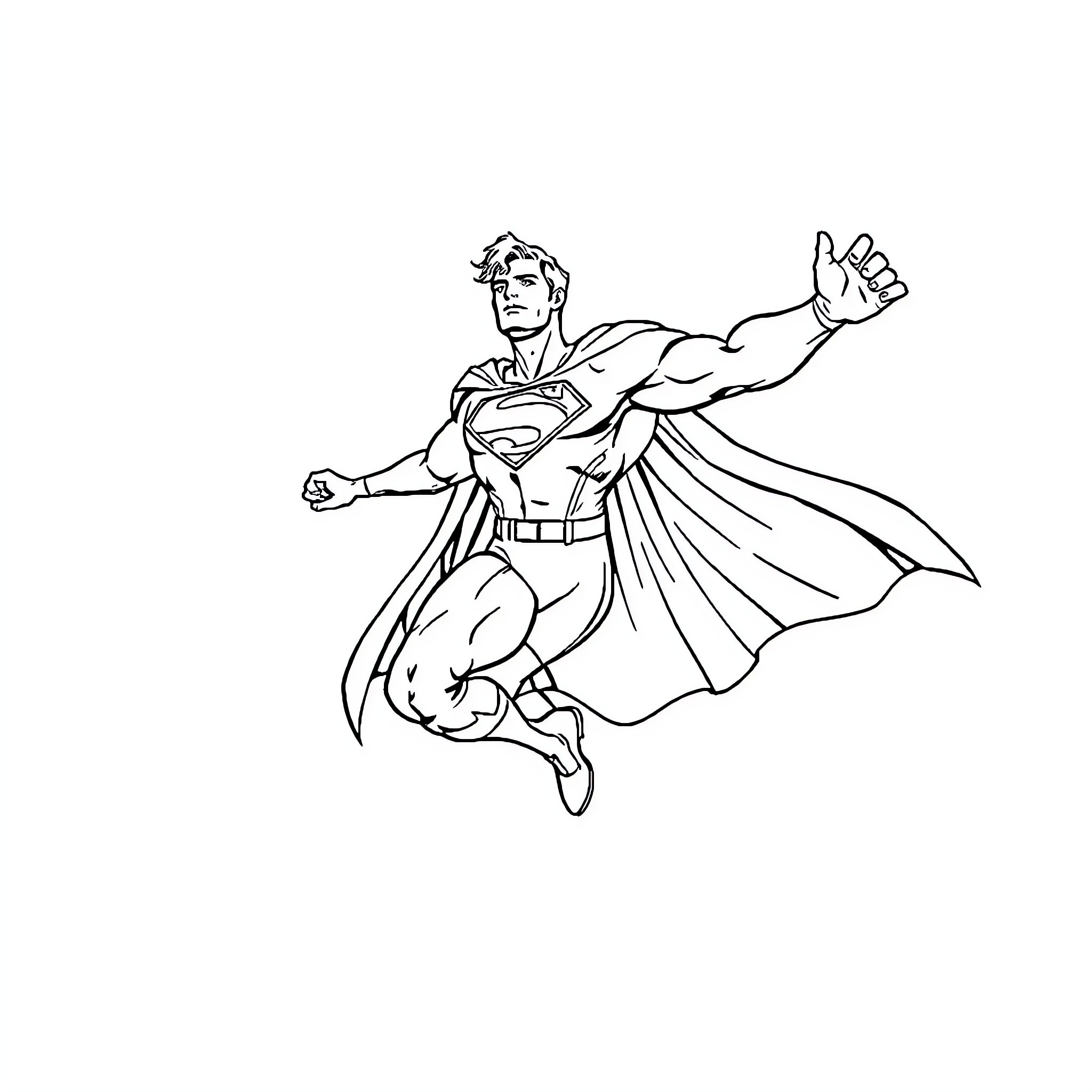 Superman soaring with heroic pose Coloring Page (free black-and-white line drawing printable PDF for all, from beginners to advanced learners, including children, teens, adults, and seniors)