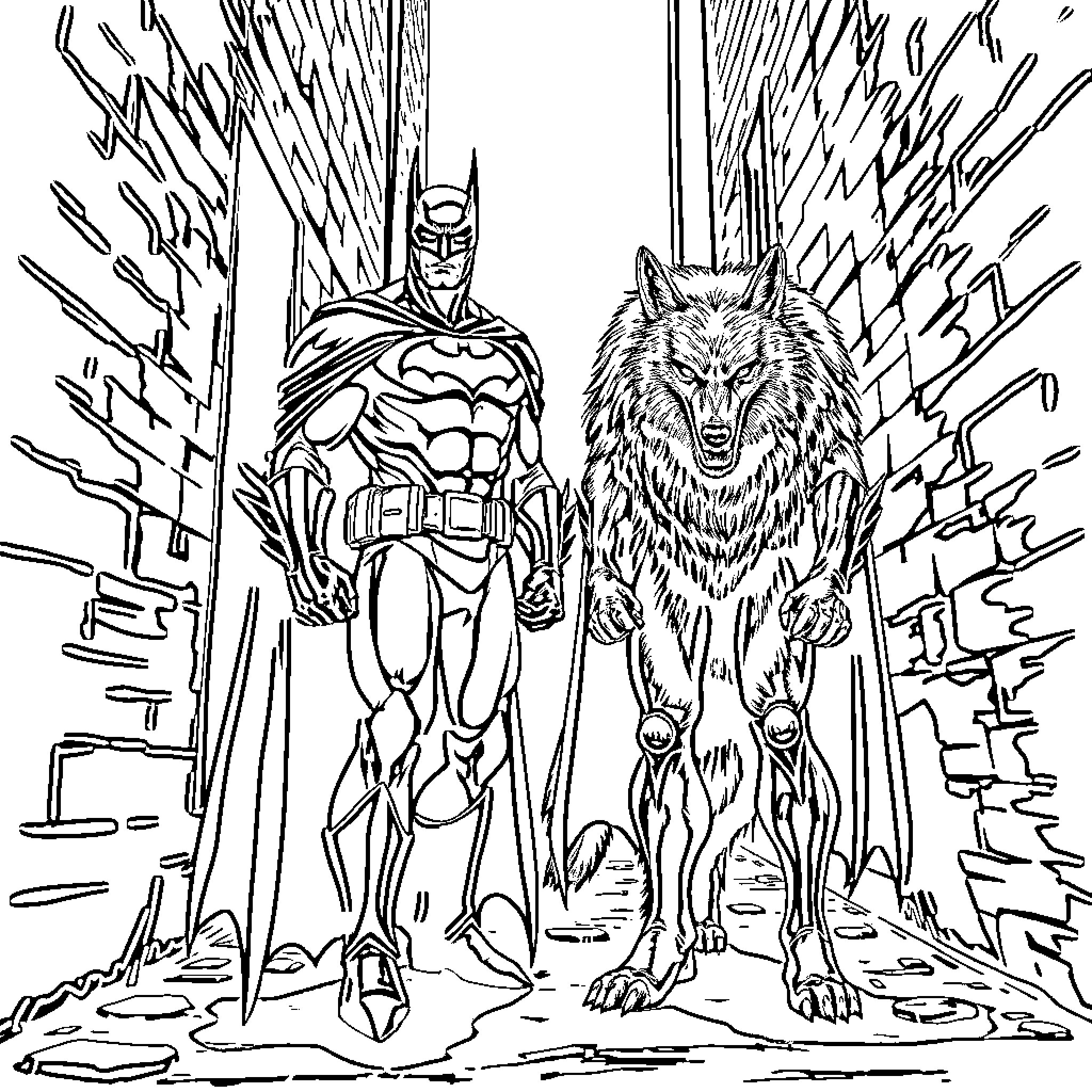 Batman Confronting Fierce Wolf in Dramatic Cityscape Coloring Page (free black-and-white line drawing printable PDF for all, from beginners to advanced learners, including children, teens, adults, and seniors)