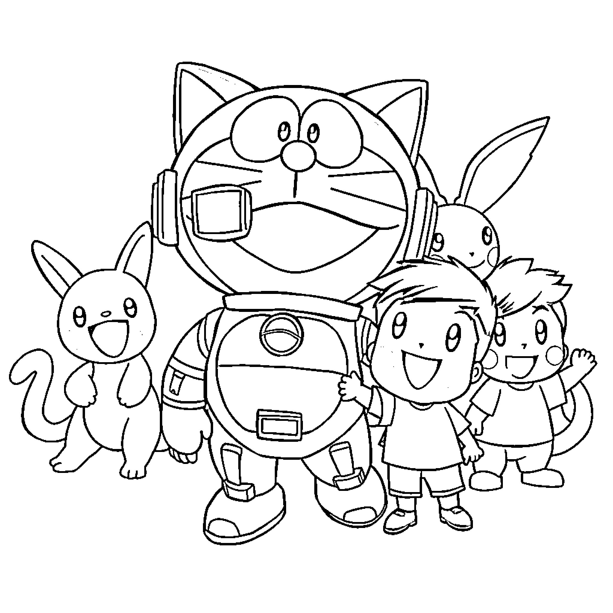 Doraemon and his friends in a fun adventure Coloring Page (free black-and-white line drawing printable PDF for all, from beginners to advanced learners, including children, teens, adults, and seniors)