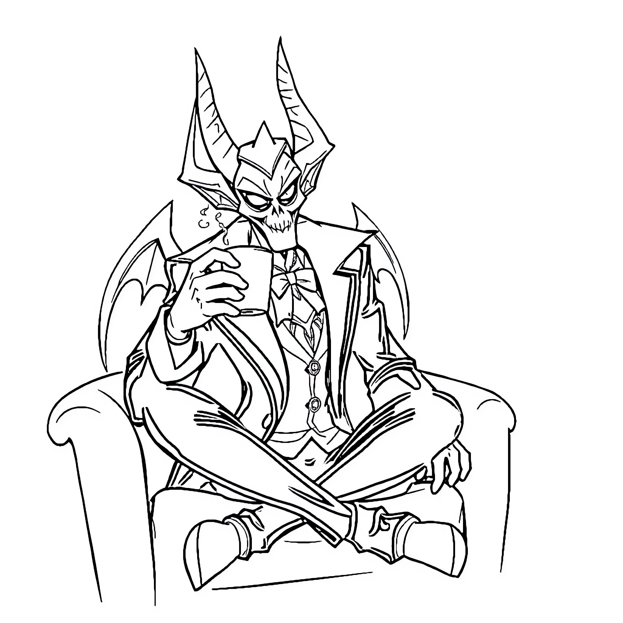 Lucifer Sitting Menacingly on Throne Coloring Page (free black-and-white line drawing printable PDF for all, from beginners to advanced learners, including children, teens, adults, and seniors)