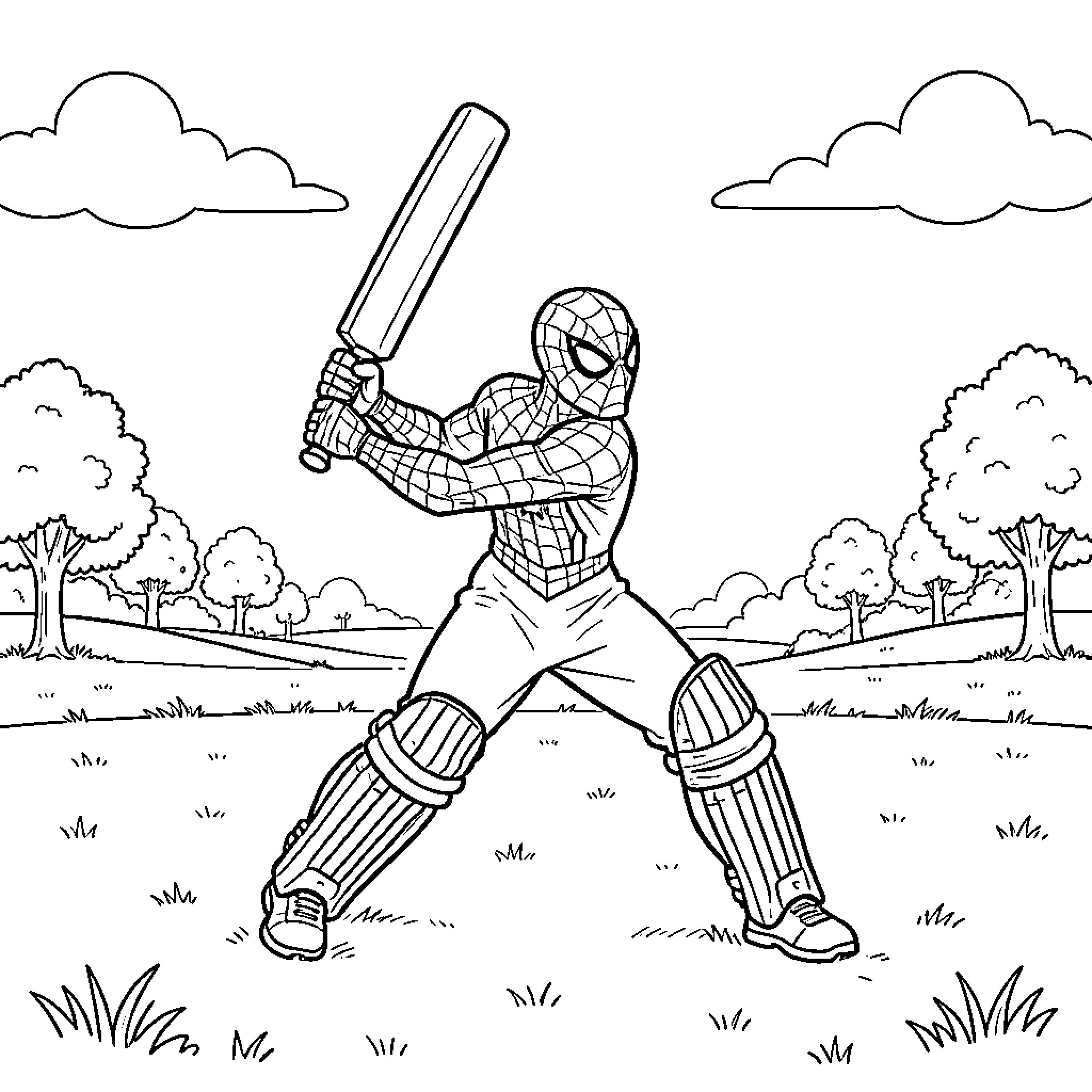 Spiderman swinging a cricket bat in a field Coloring Page (free black-and-white line drawing printable PDF for all, from beginners to advanced learners, including children, teens, adults, and seniors)
