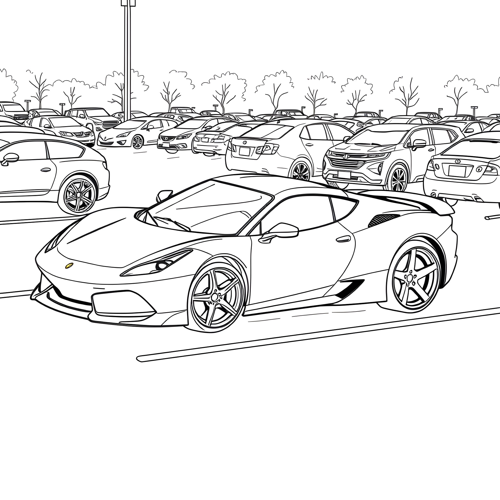 Sports Car at Busy Parking Lot Coloring Page (free black-and-white line drawing printable PDF for all, from beginners to advanced learners, including children, teens, adults, and seniors)
