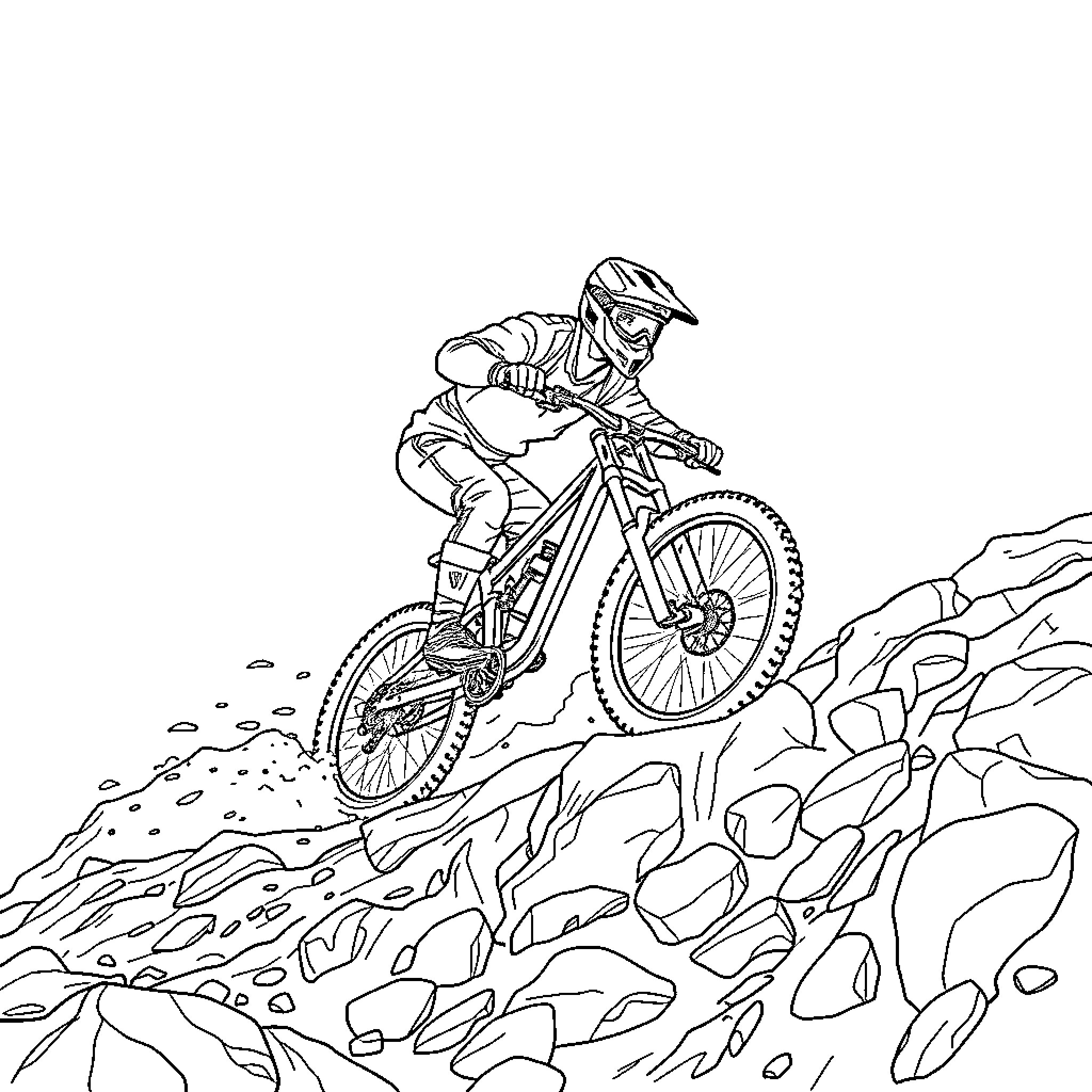 Downhill Bike Rider Navigating Rugged Terrain Coloring Page (free black-and-white line drawing printable PDF for all, from beginners to advanced learners, including children, teens, adults, and seniors)