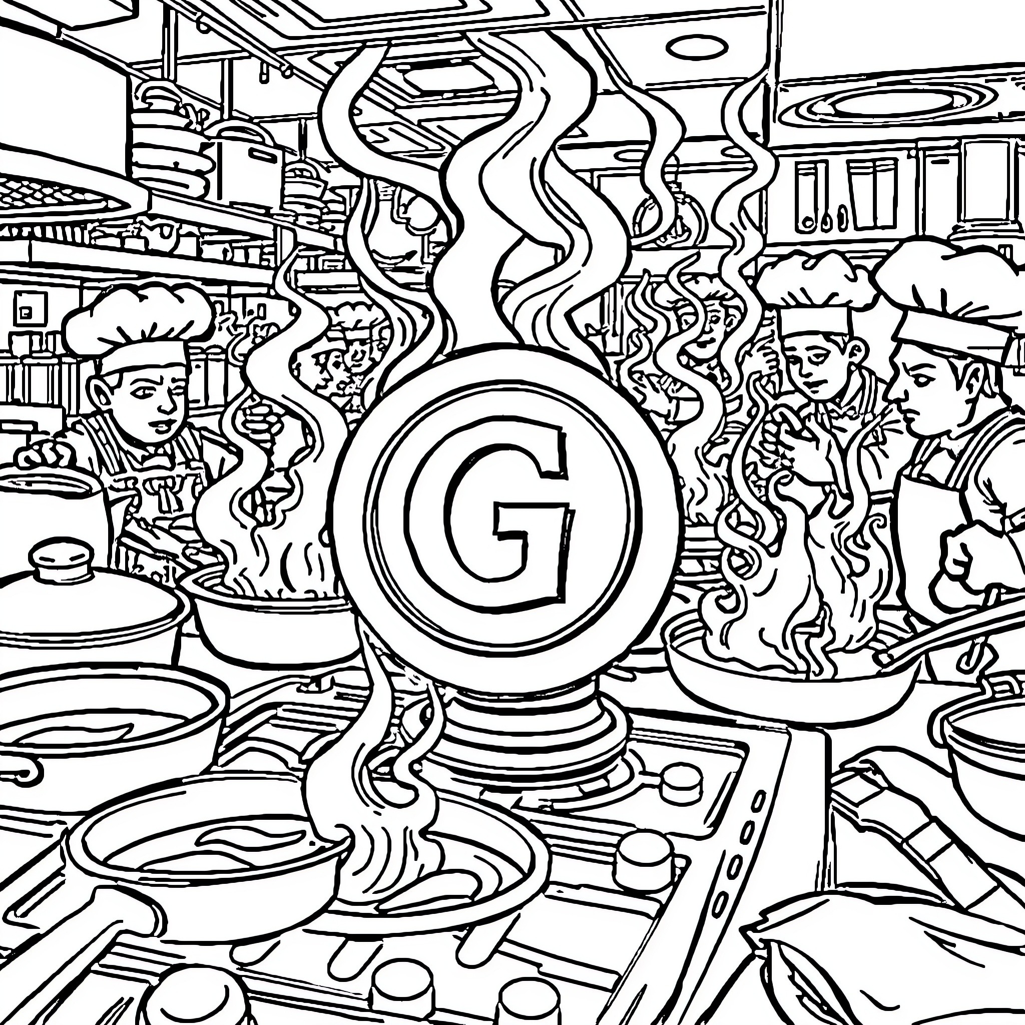 Kitchen filled with lively culinary activities Coloring Page (free black-and-white line drawing printable PDF for all, from beginners to advanced learners, including children, teens, adults, and seniors)