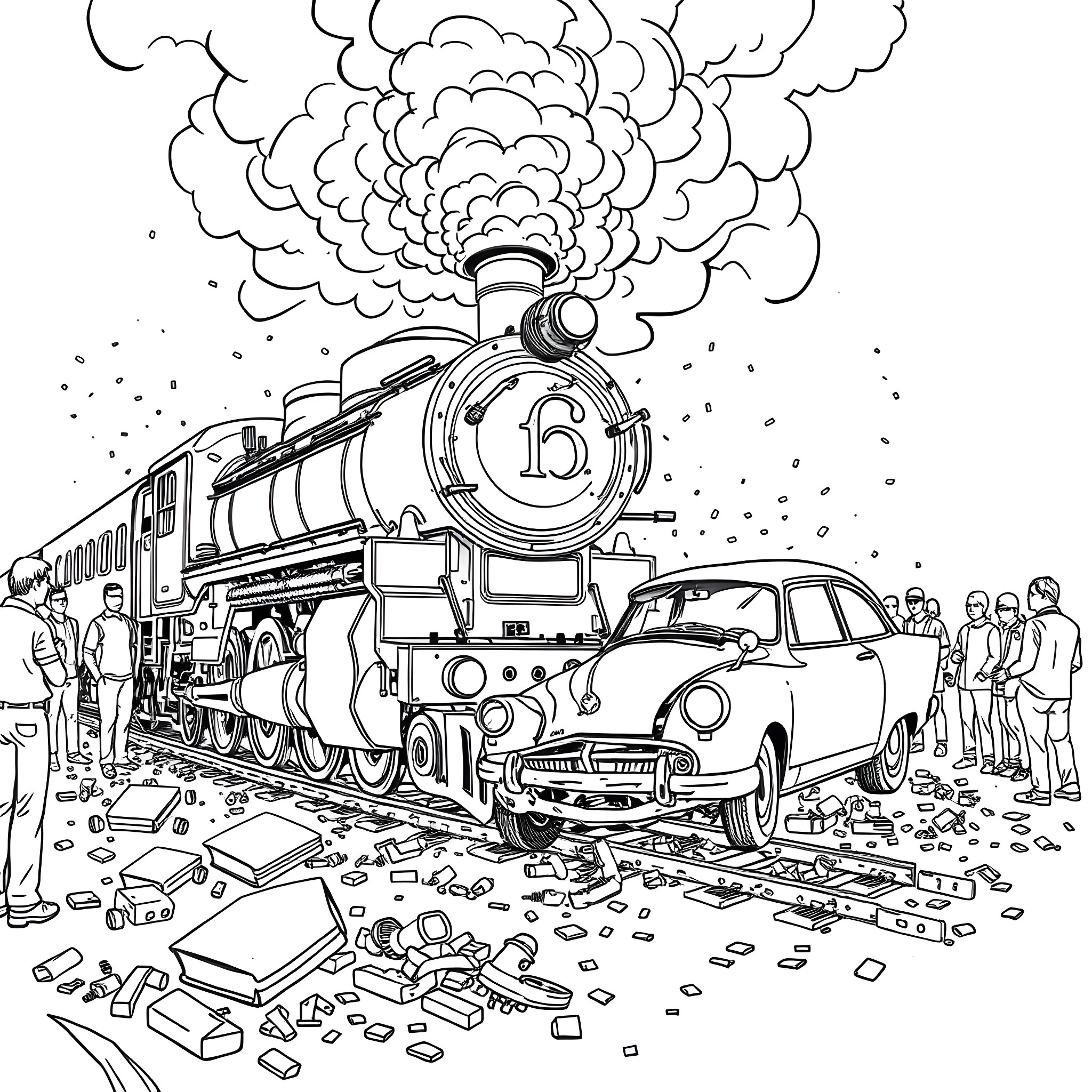 Train steaming through a crowded station scene Coloring Page (free black-and-white line drawing printable PDF for all, from beginners to advanced learners, including children, teens, adults, and seniors)