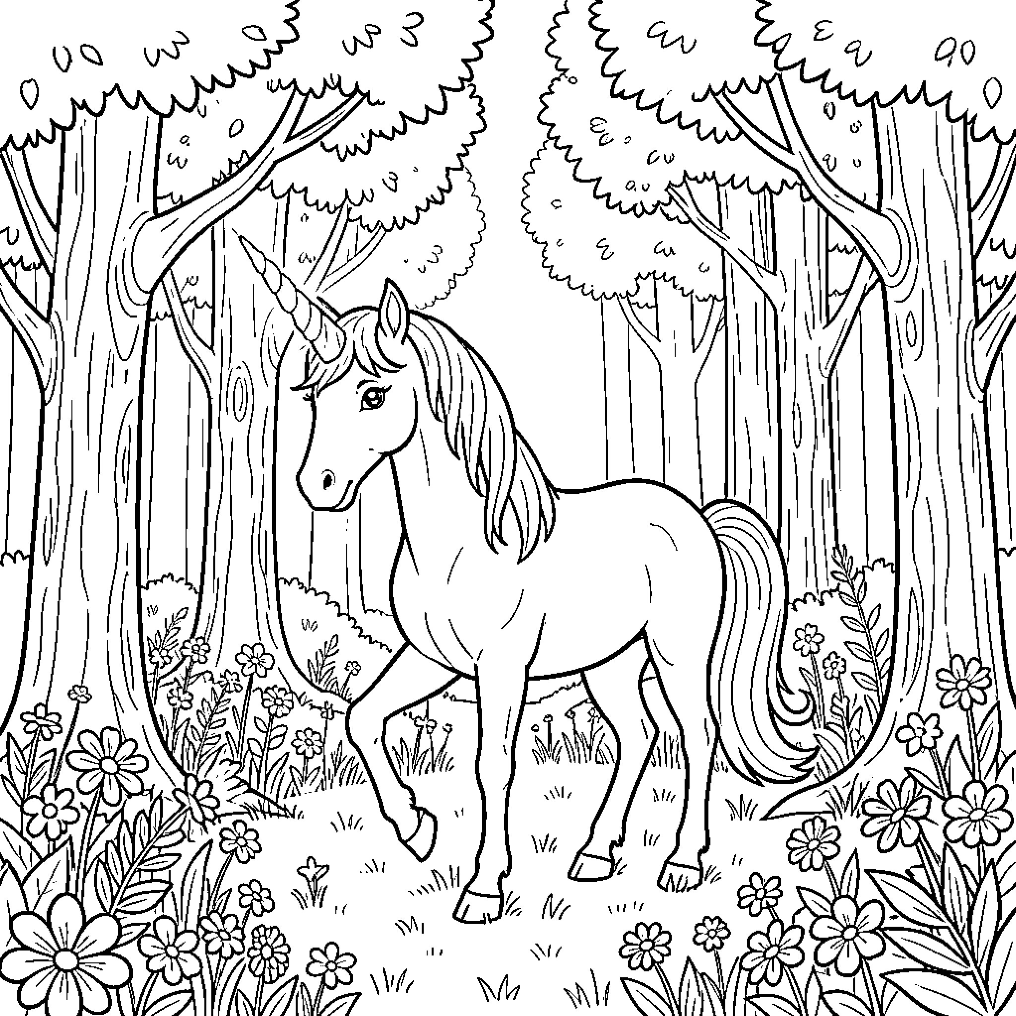 Unicorn exploring the enchanted forest Coloring Page (free black-and-white line drawing printable PDF for all, from beginners to advanced learners, including children, teens, adults, and seniors)