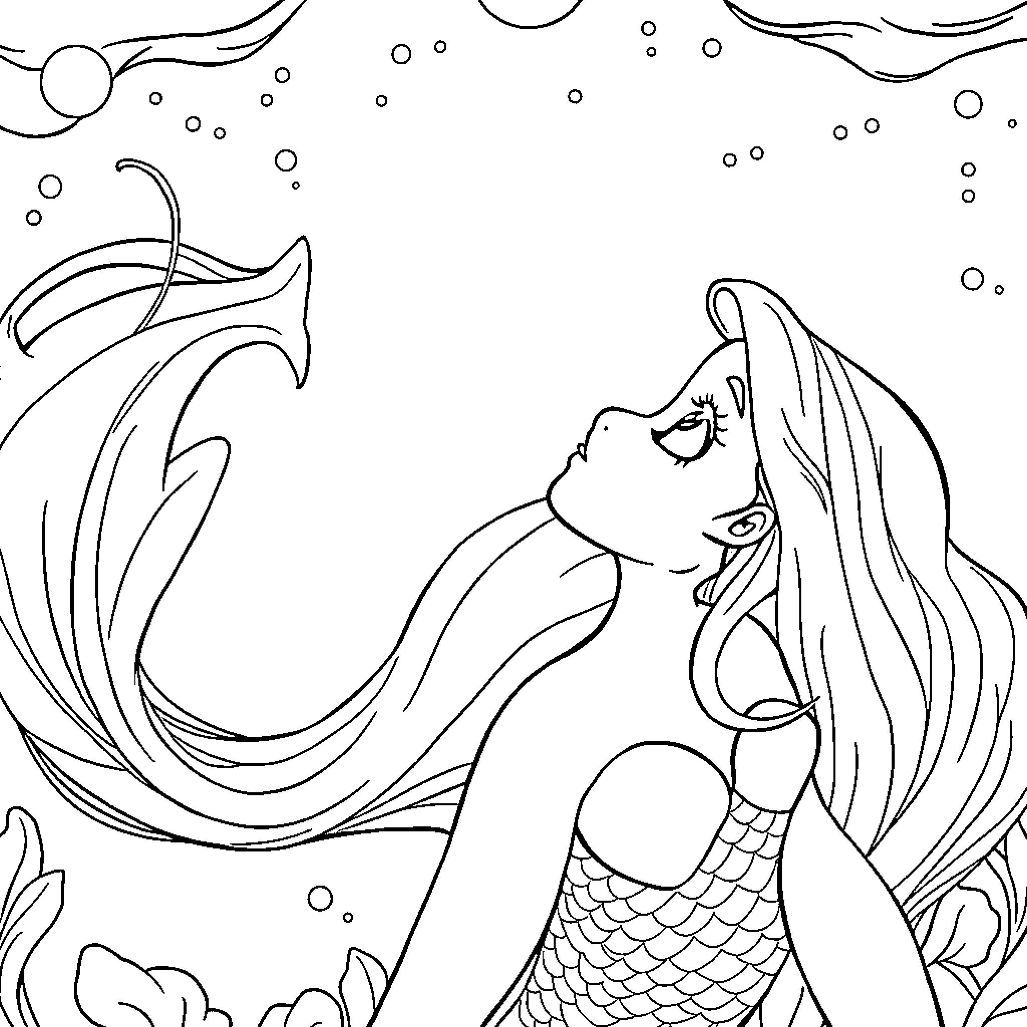 Mermaid swimming gracefully in the underwater world Coloring Page (free black-and-white line drawing printable PDF for all, from beginners to advanced learners, including children, teens, adults, and seniors)