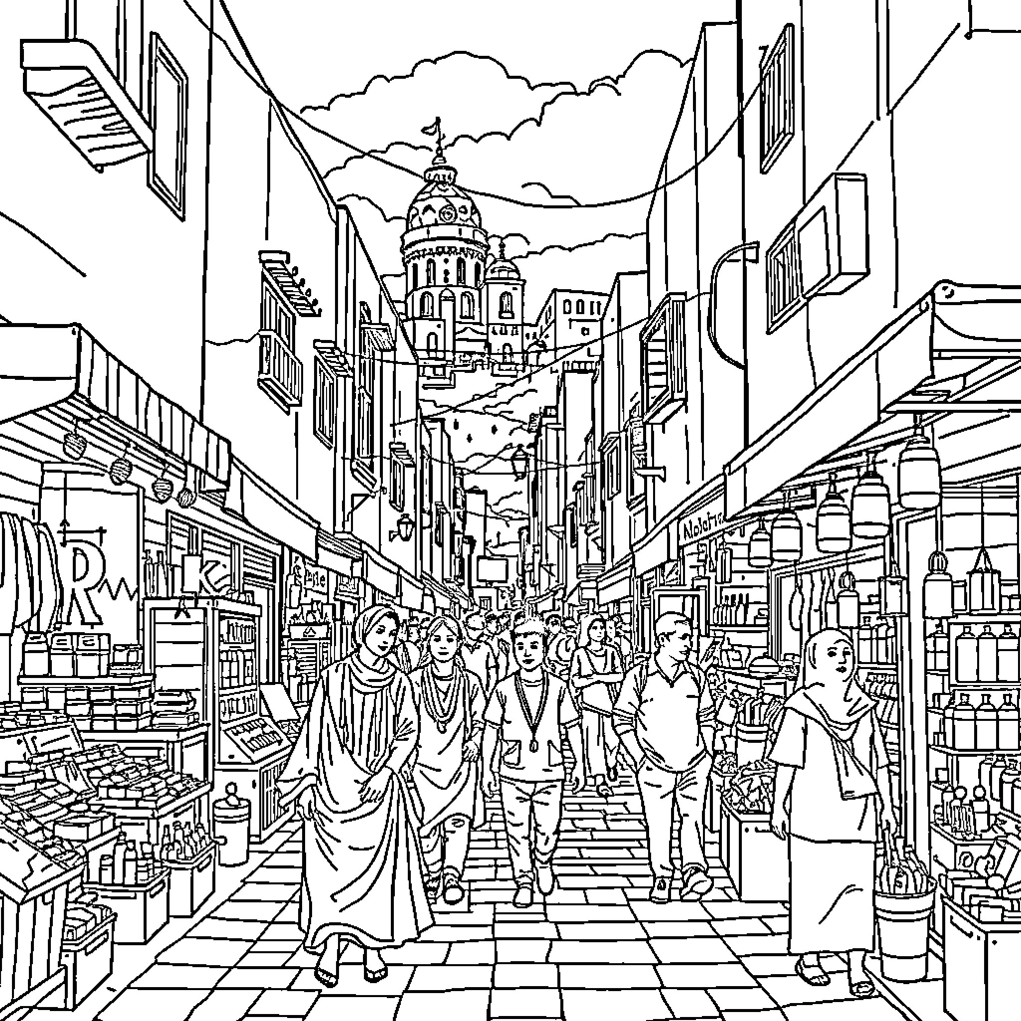 City street bustling with diverse people and shops Coloring Page (free black-and-white line drawing printable PDF for all, from beginners to advanced learners, including children, teens, adults, and seniors)