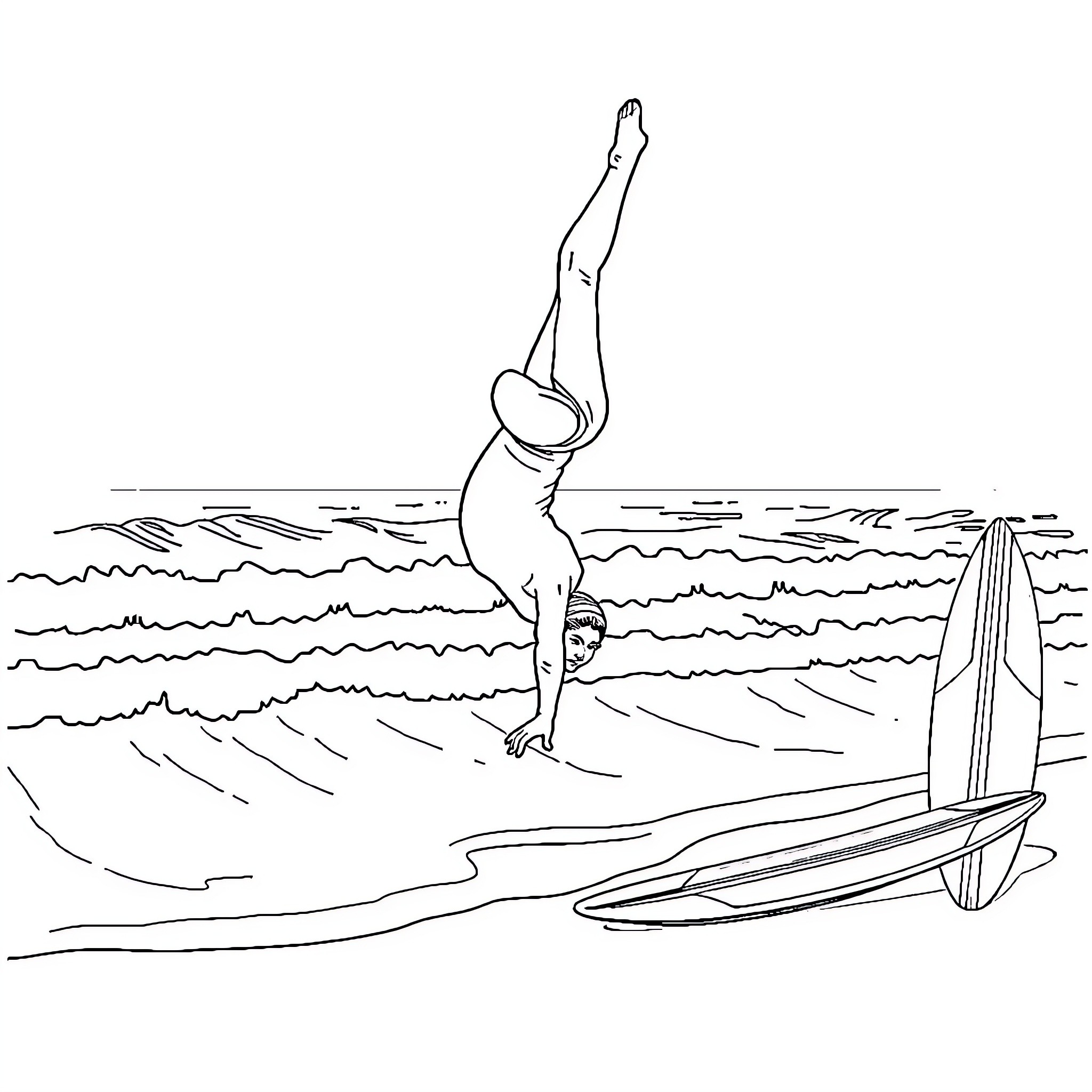Surfboard dive into the waves Coloring Page (free black-and-white line drawing printable PDF for all, from beginners to advanced learners, including children, teens, adults, and seniors)