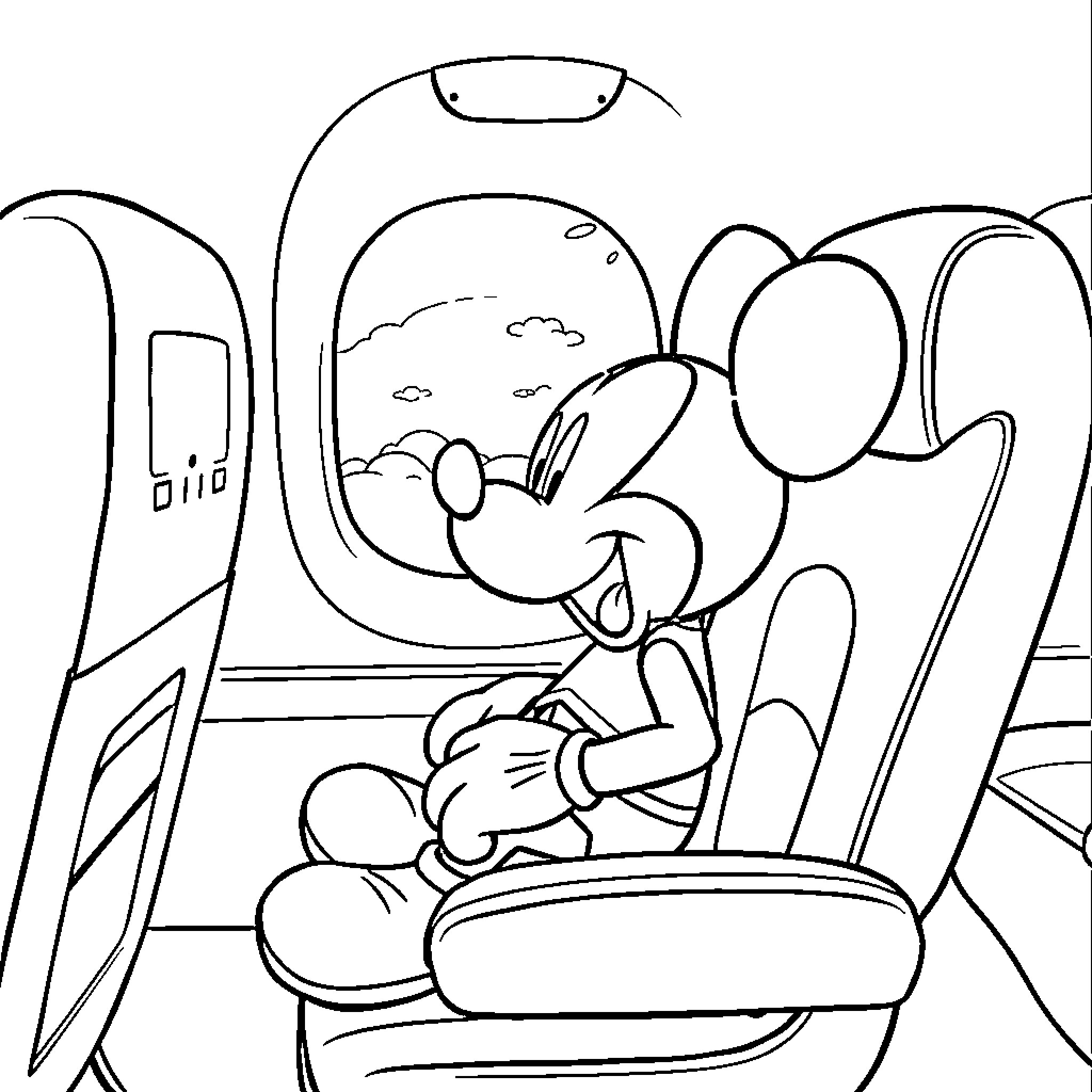Mickey Mouse flying an airplane Coloring Page (free black-and-white line drawing printable PDF for all, from beginners to advanced learners, including children, teens, adults, and seniors)