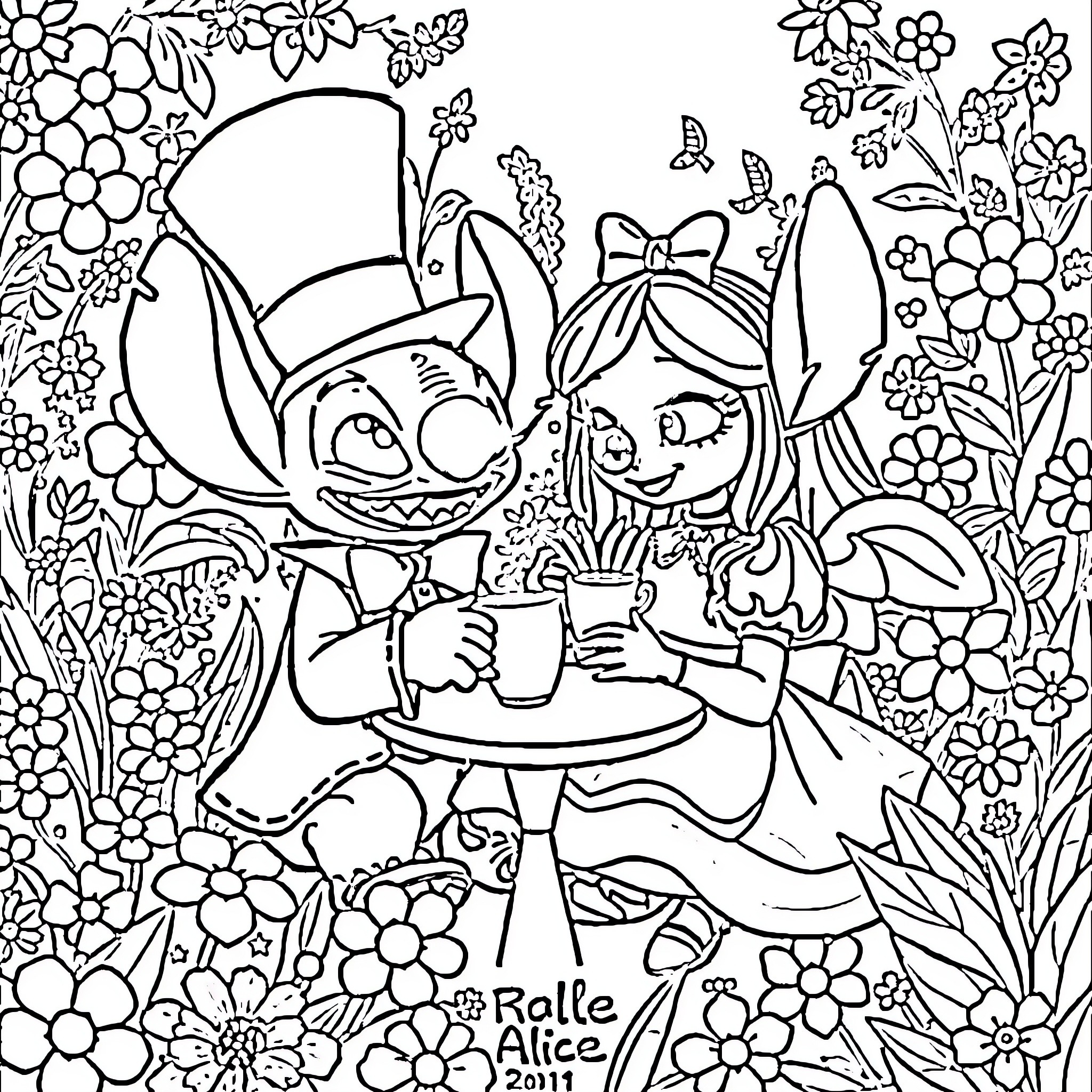 Stitch and Alice have a tea party in the garden Coloring Page (free black-and-white line drawing printable PDF for all, from beginners to advanced learners, including children, teens, adults, and seniors)