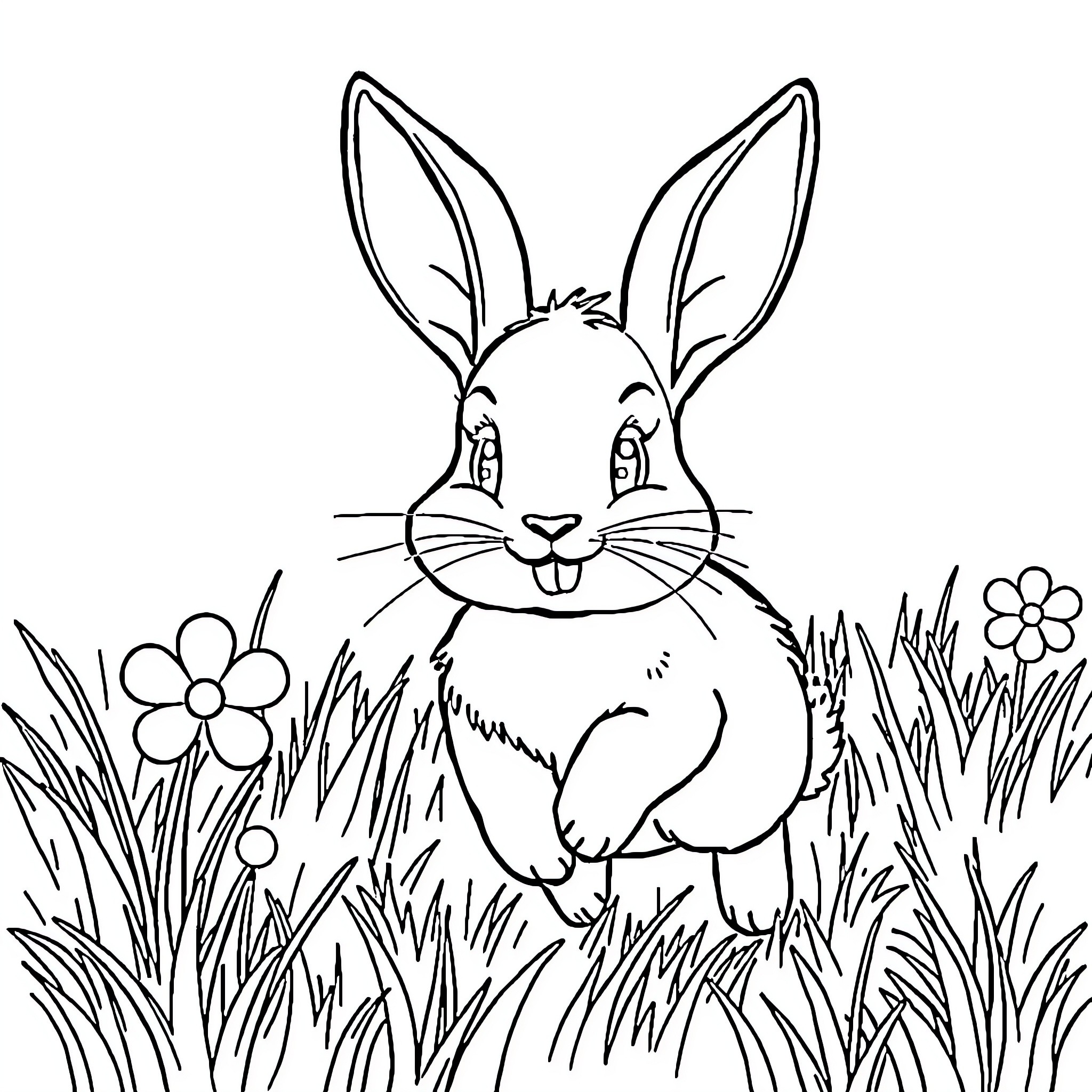 Rabbit sitting in the grass with flowers Coloring Page (free black-and-white line drawing printable PDF for all, from beginners to advanced learners, including children, teens, adults, and seniors)