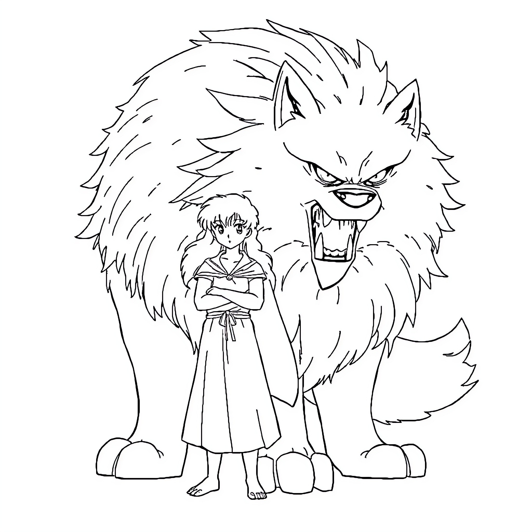 Inuyasha and his demon companion in an intense scene Coloring Page (free black-and-white line drawing printable PDF for all, from beginners to advanced learners, including children, teens, adults, and seniors)