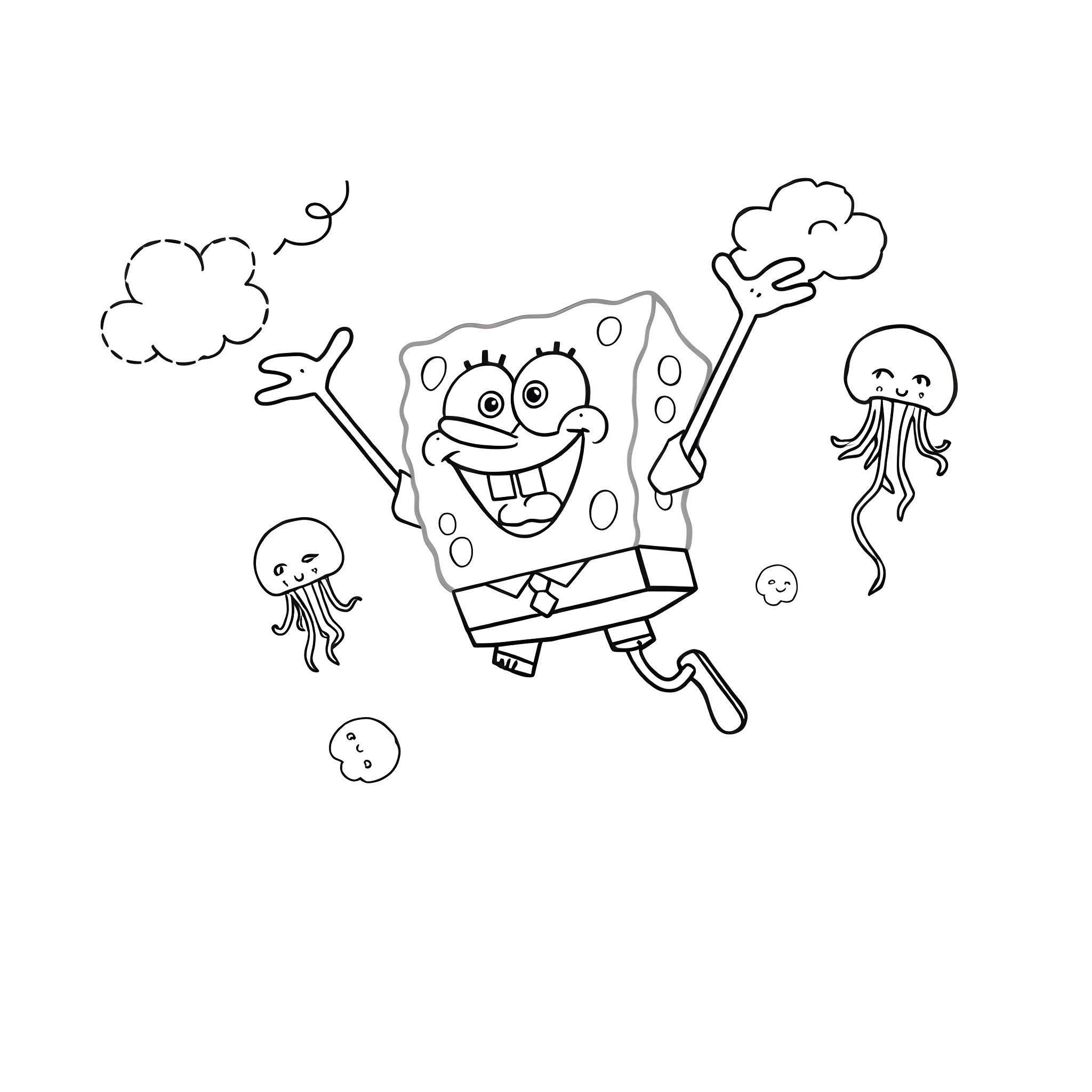 Spongebob playing with jellyfish in the clouds Coloring Page (free black-and-white line drawing printable PDF for all, from beginners to advanced learners, including children, teens, adults, and seniors)