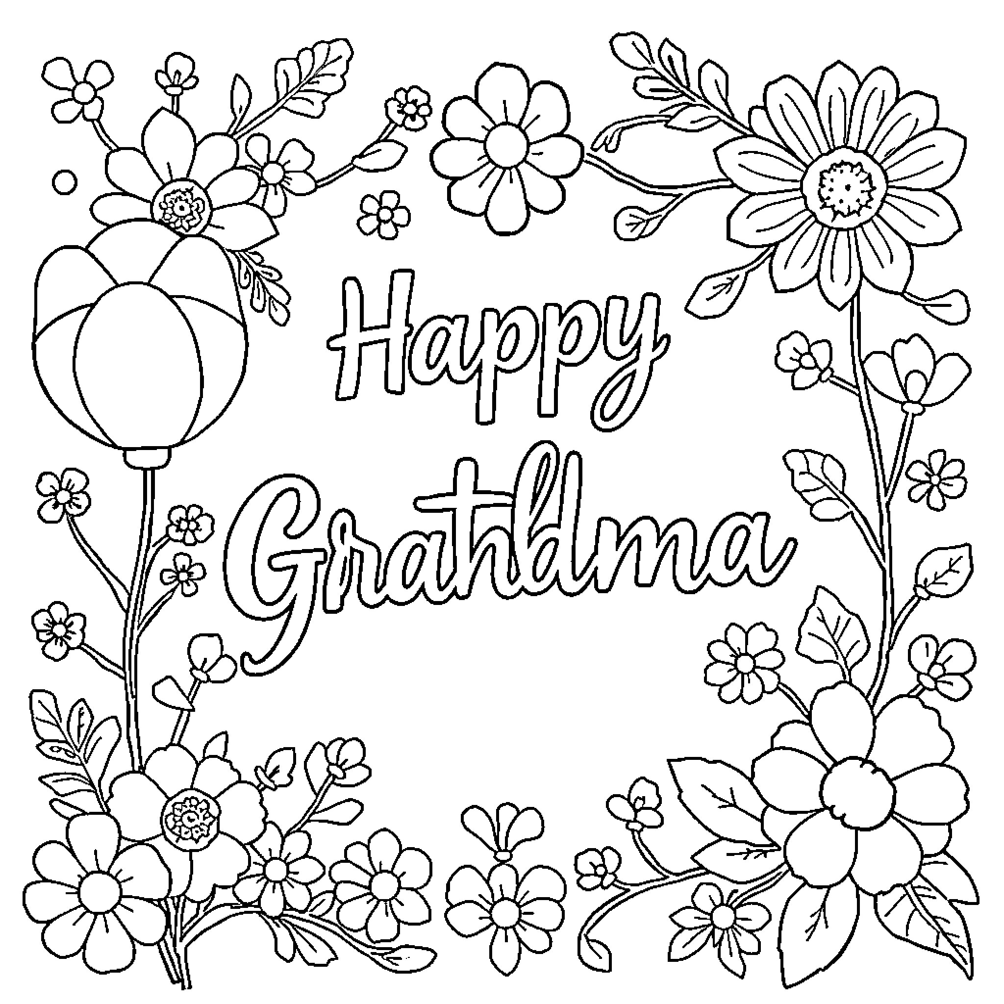 Grandma surrounded by cheerful flowers Coloring Page (free black-and-white line drawing printable PDF for all, from beginners to advanced learners, including children, teens, adults, and seniors)