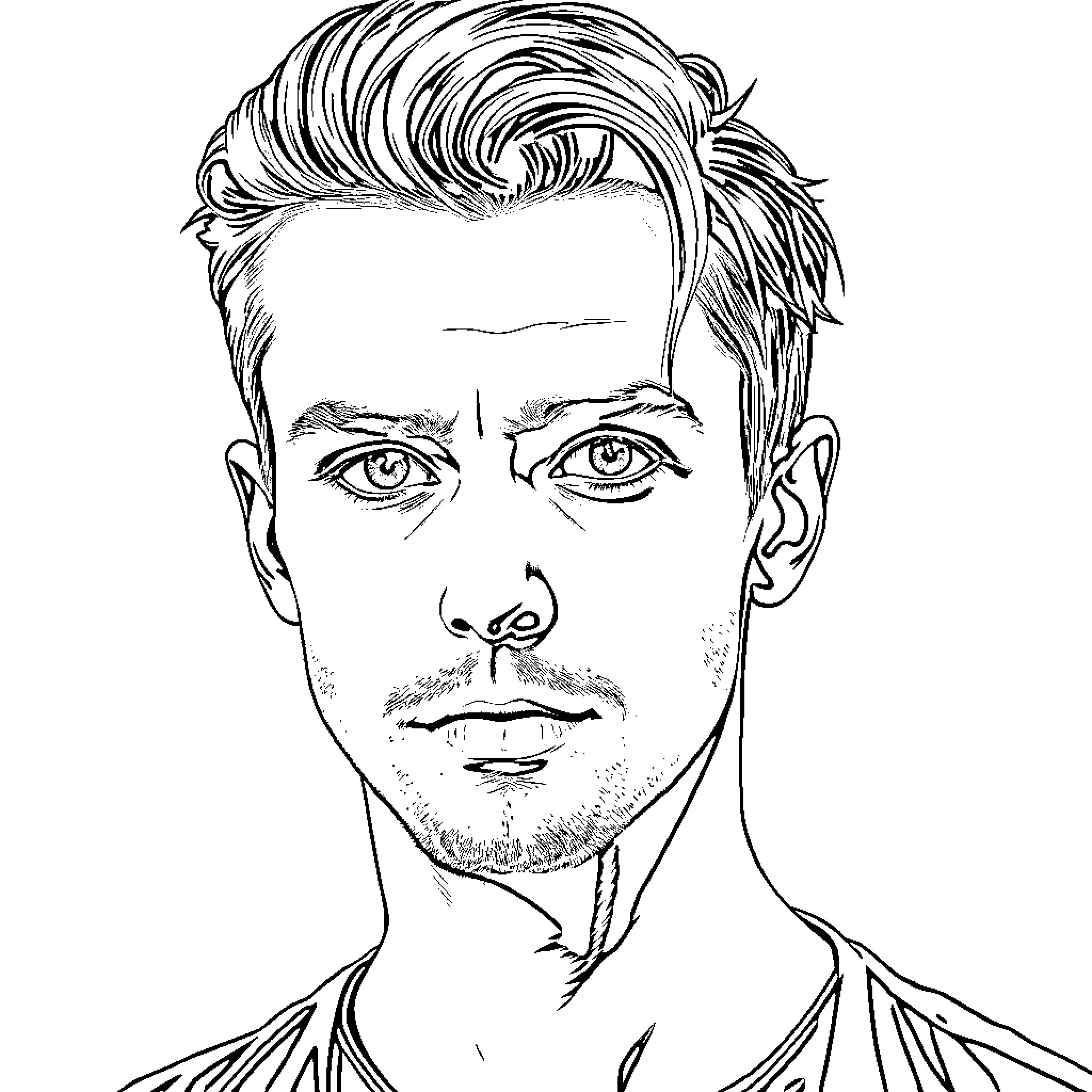 Jamie Campbell Bower in a pensive portrait Coloring Page (free black-and-white line drawing printable PDF for all, from beginners to advanced learners, including children, teens, adults, and seniors)